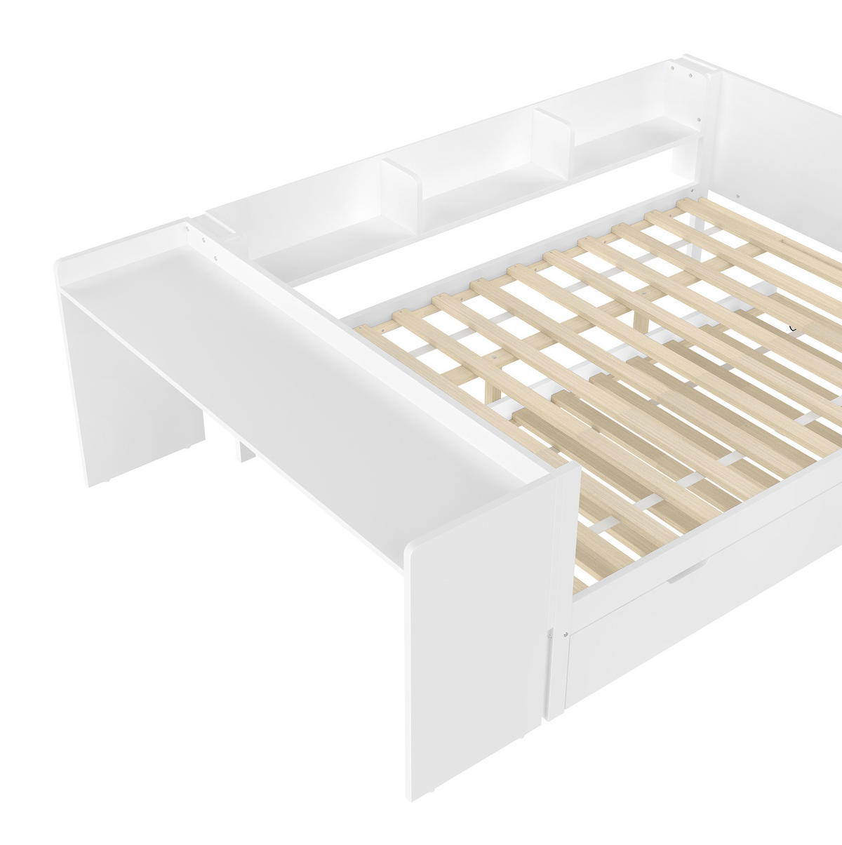 BETT 140/200 cm mit Schreibtisch, Rollbett und Regalen aus Kiefernholz in Weiß - Weiß, Holz (140/200cm) - BEAOK