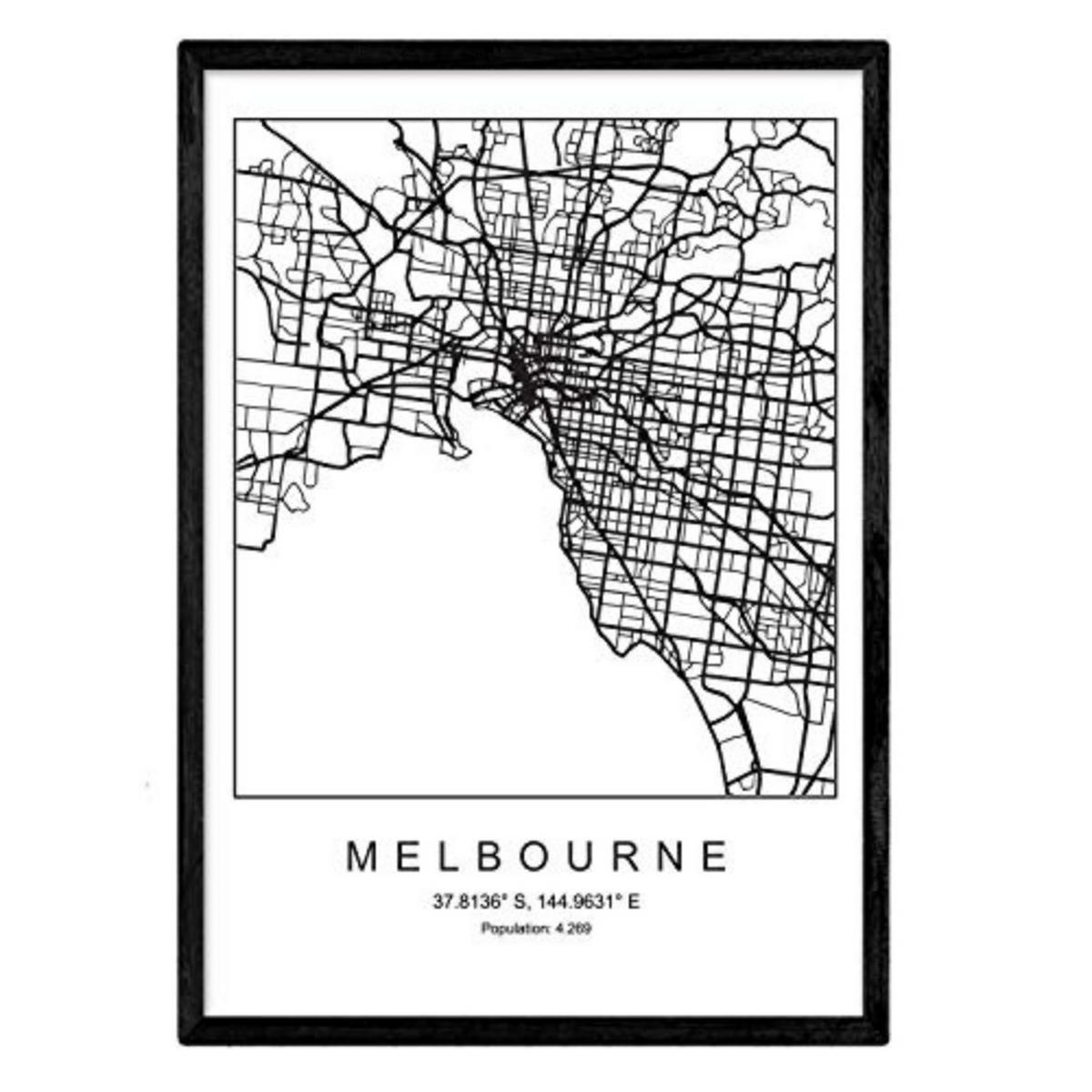 POSTER Melbourne Nordischen Stil A3 Schwarzer Rahmen - Schwarz, Papier (29.7/5/42cm) - Nacnic
