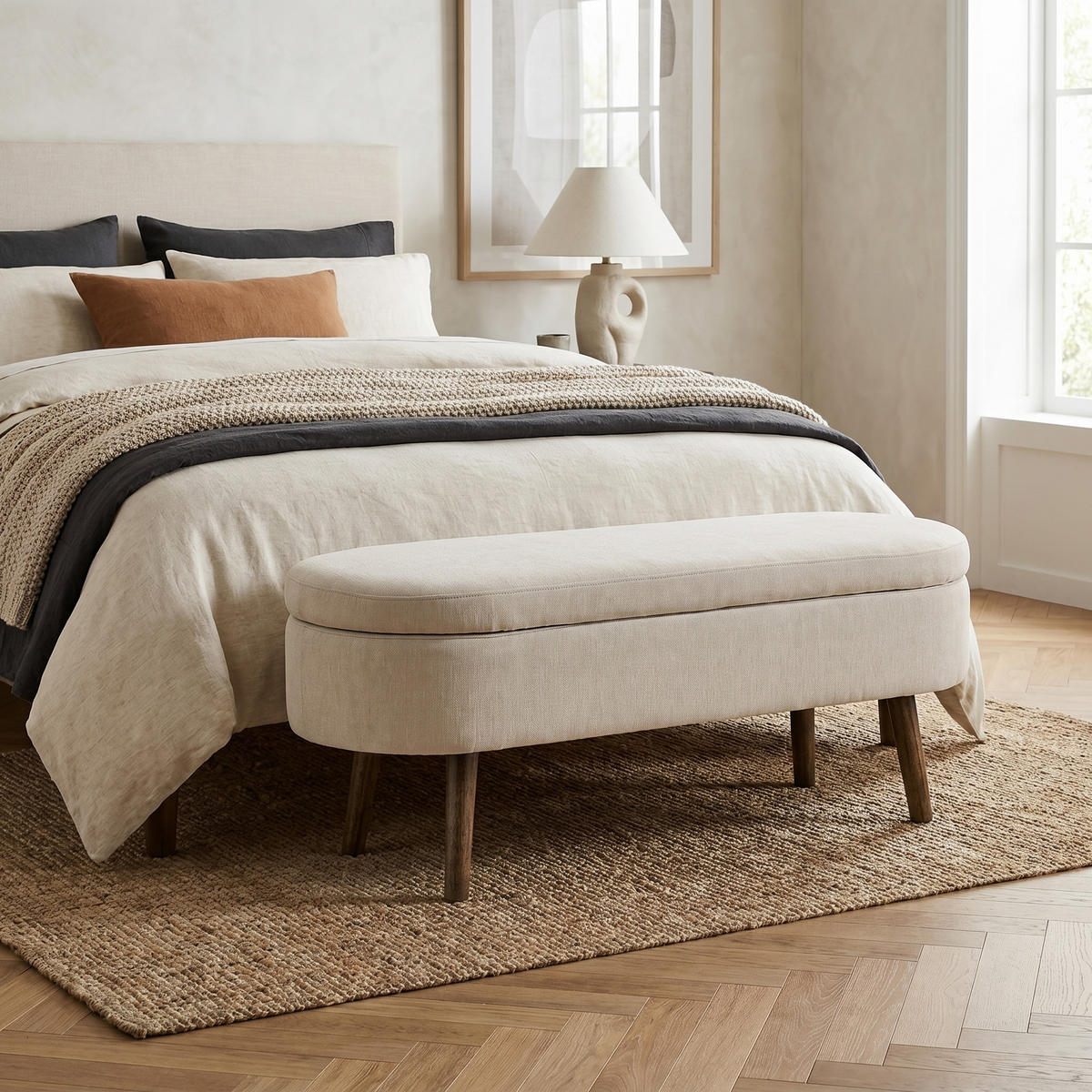 AUFBEWAHRUNGSTRUHE velvet & gold 110 cm - Beige, Textil (110/42/40cm) - Urban Meuble