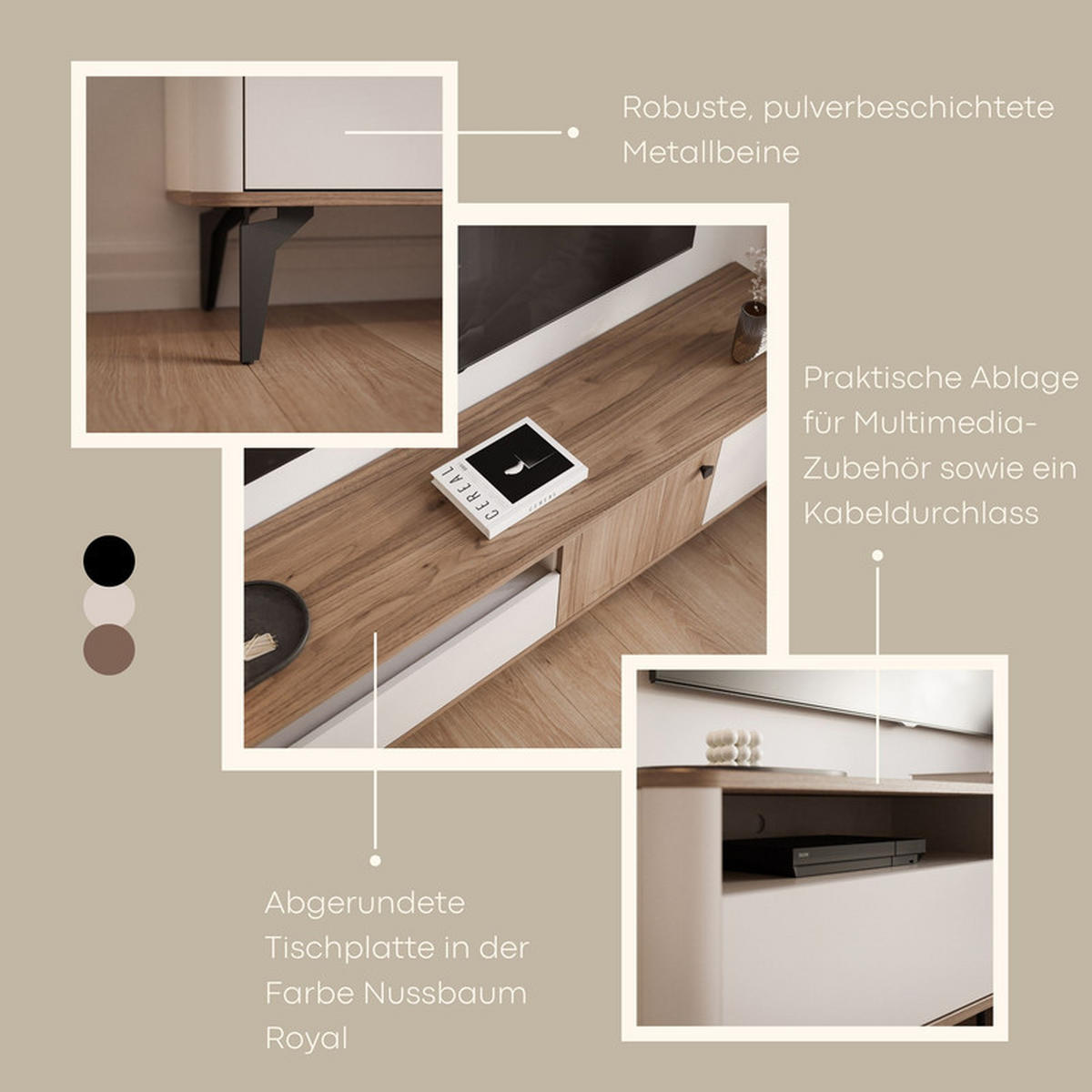 TV-LOWBOARD BELLAGIO stehend, 180 cm Kaschmir/Nussbaum - Kaschmir/Schwarz, Holzwerkstoff/Metall (180/51/40cm) - Idohome