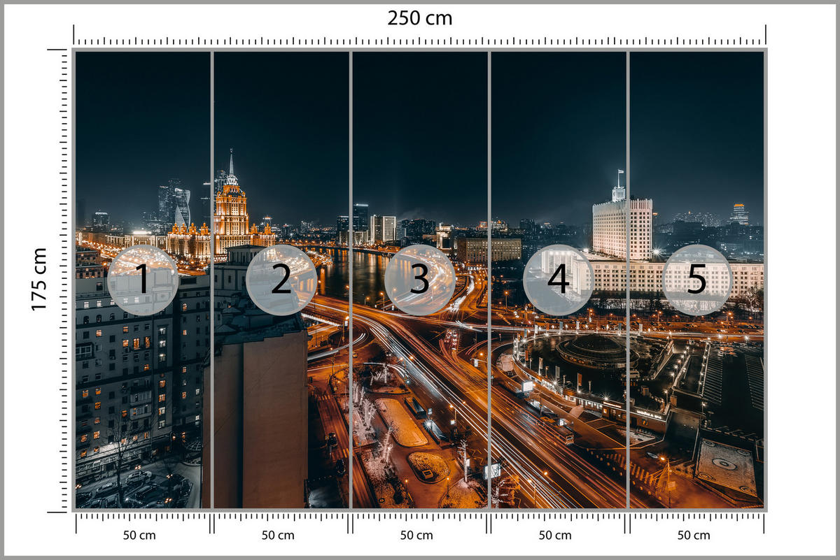 FOTOTAPETE für Wohnzimmer Moskau Nacht Panorama Metropole Straßen 250x175 - Beige/Schwarz, Papier (250/175cm) - Muralo