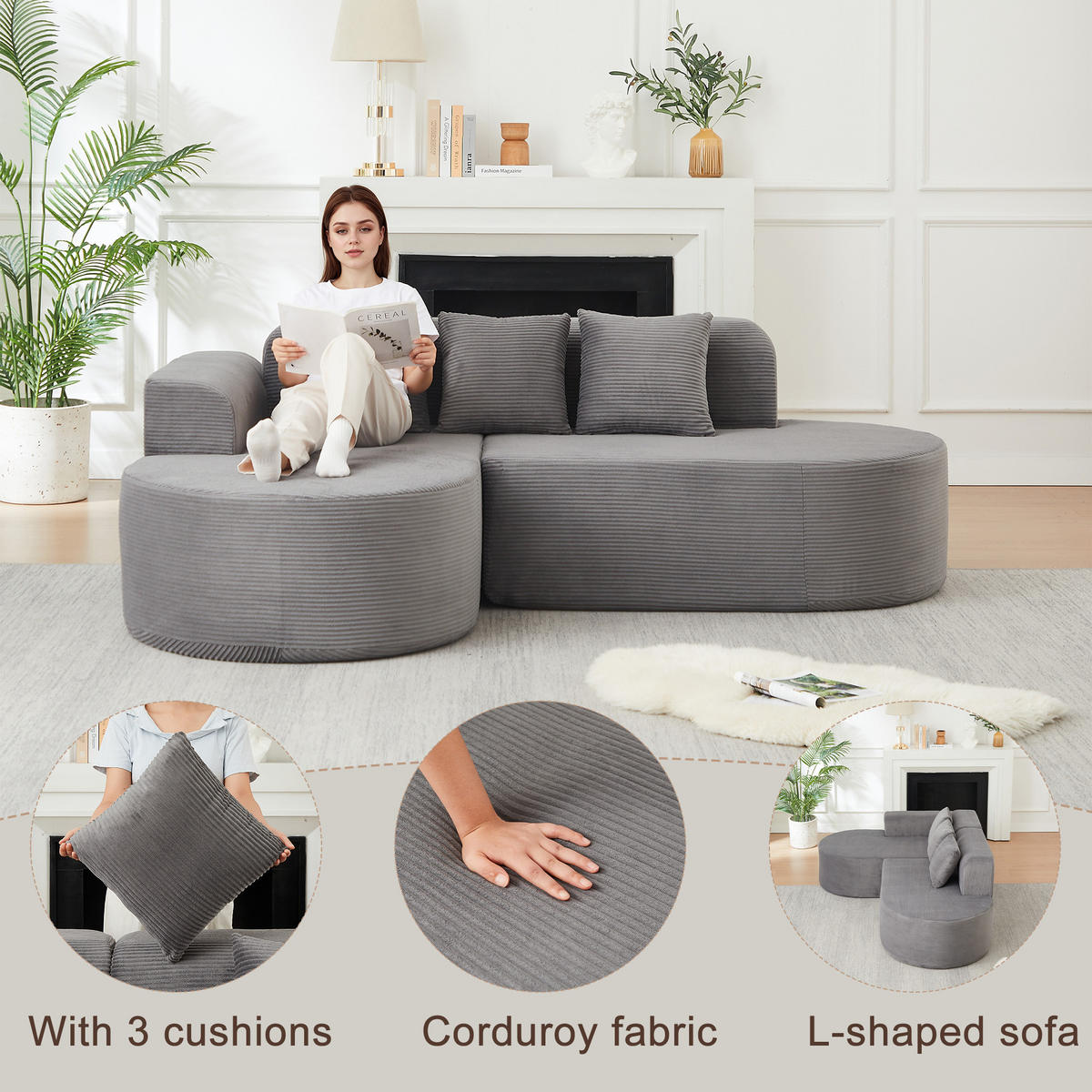 ECKSOFA 220/155/70 cm Grau Cord mit 3 Kissen, Linke Seite - Grau, Textil (220/155cm) - Oxeza