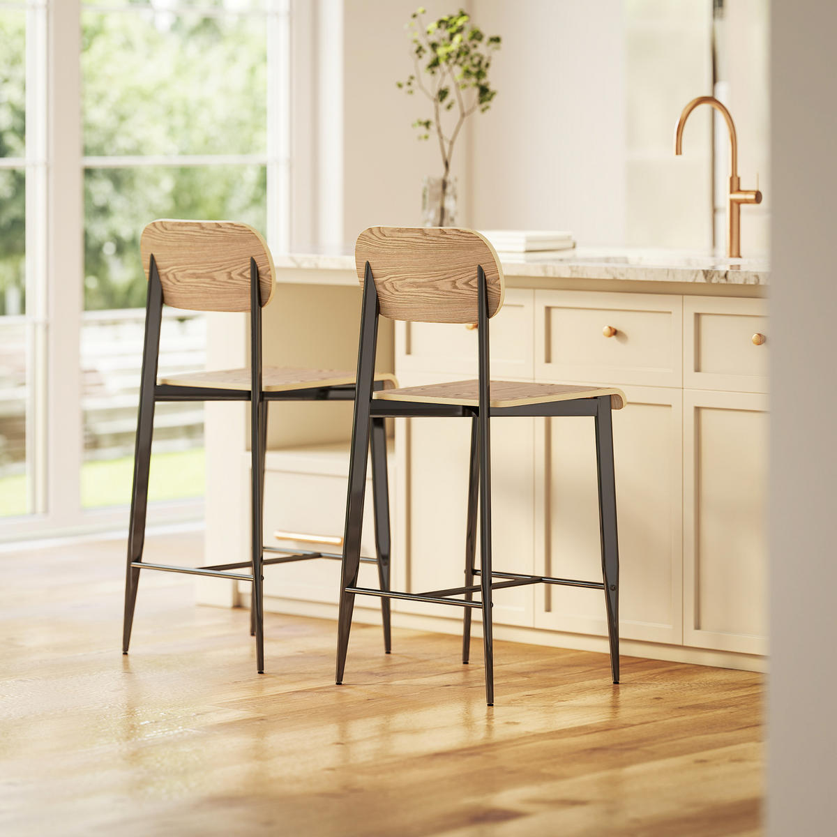 BARHOCKER 2er Set, Barstuhl mit Metallgestell, Küchenstuhl mit Sitzhöhe 66 cm - Naturfarben, Metall (43/103/55cm) - HOMCOM