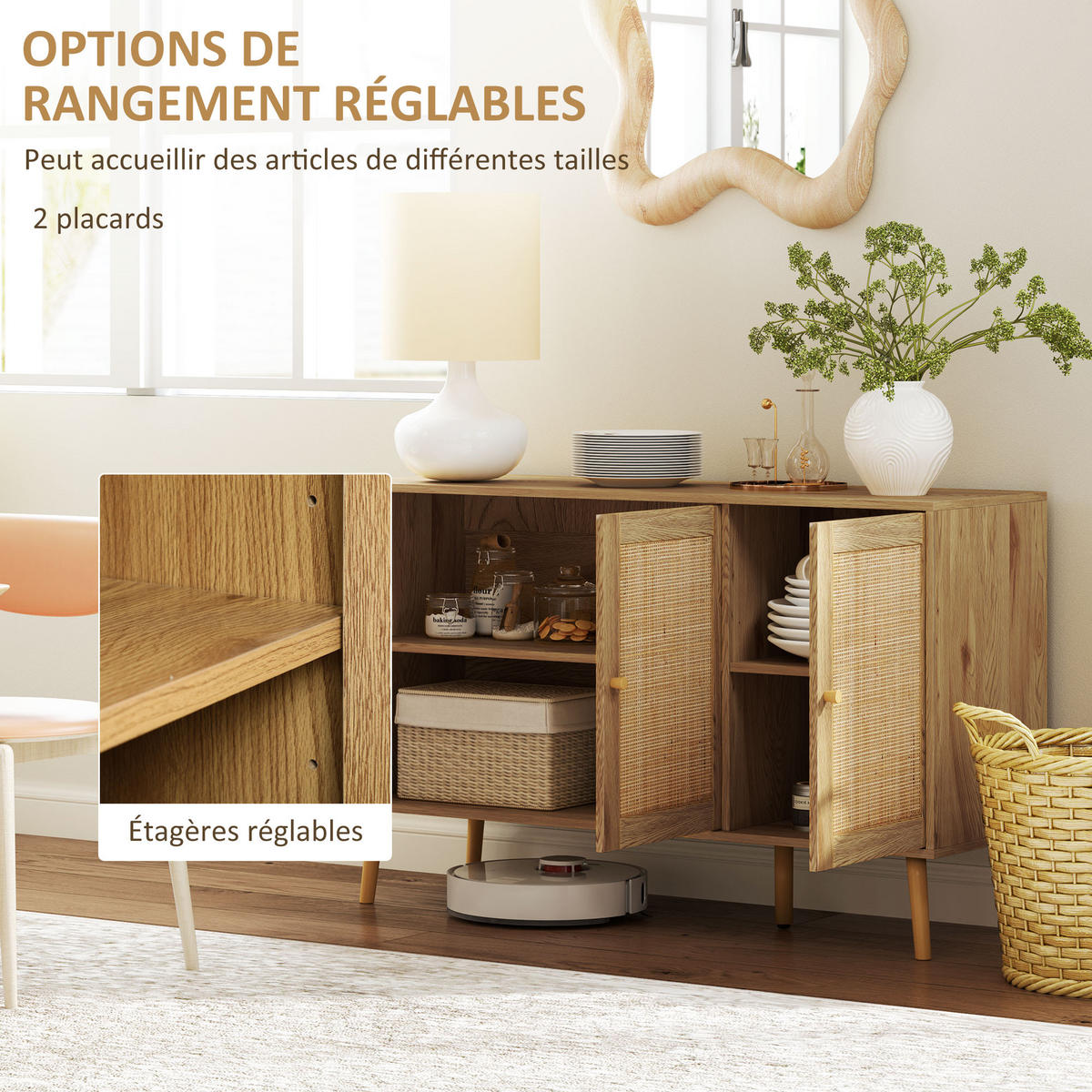 SIDEBOARD Naturfarben, Rattantüren, 120/40/75 cm - Naturfarben, Holz (120/75/40cm) - PANGIVO