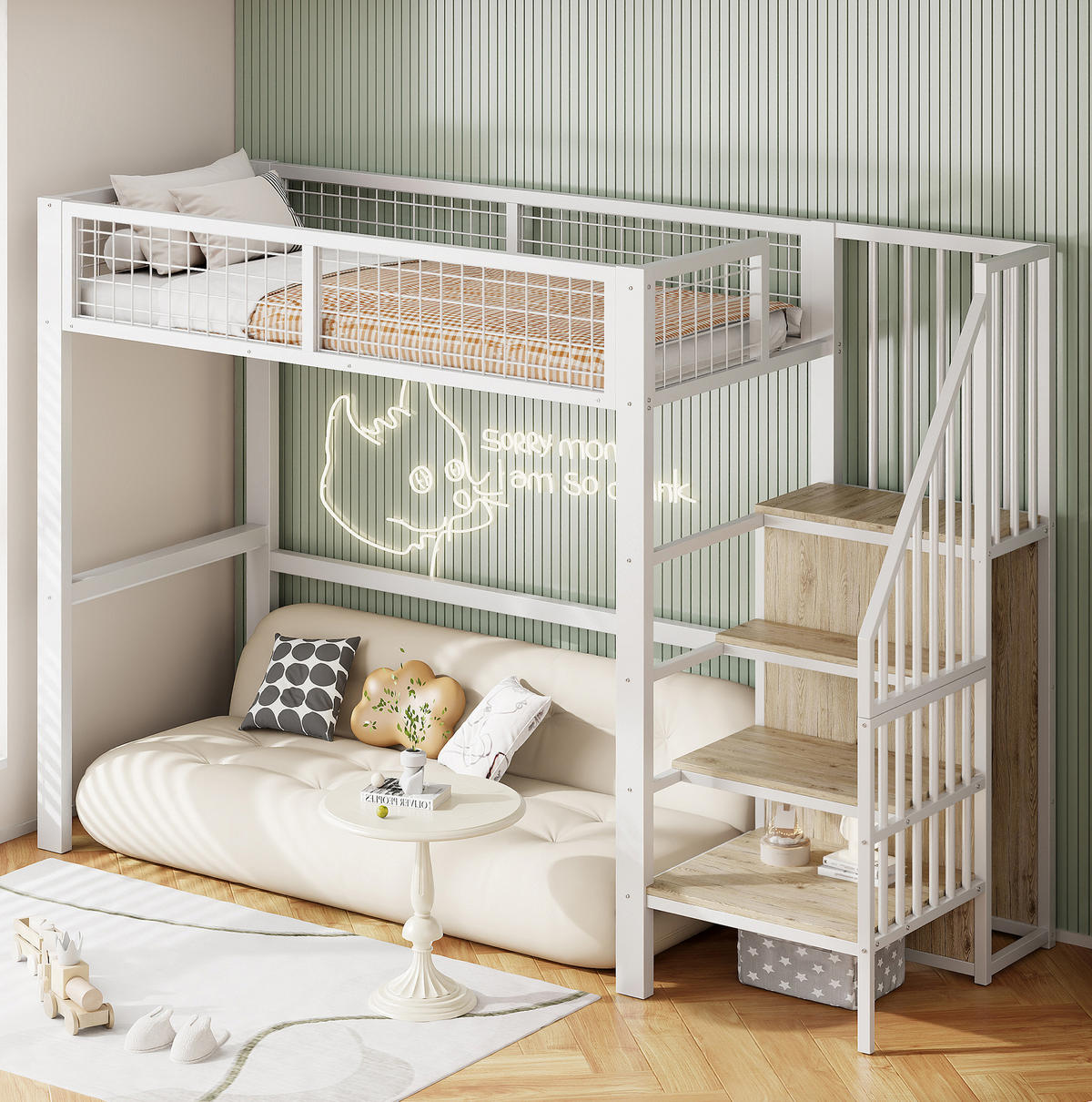 HOCHBETT 90/200 cm in Weiß mit Leiter und Kleiderschrank - Weiß, Metall (90/200cm) - Flora Grace