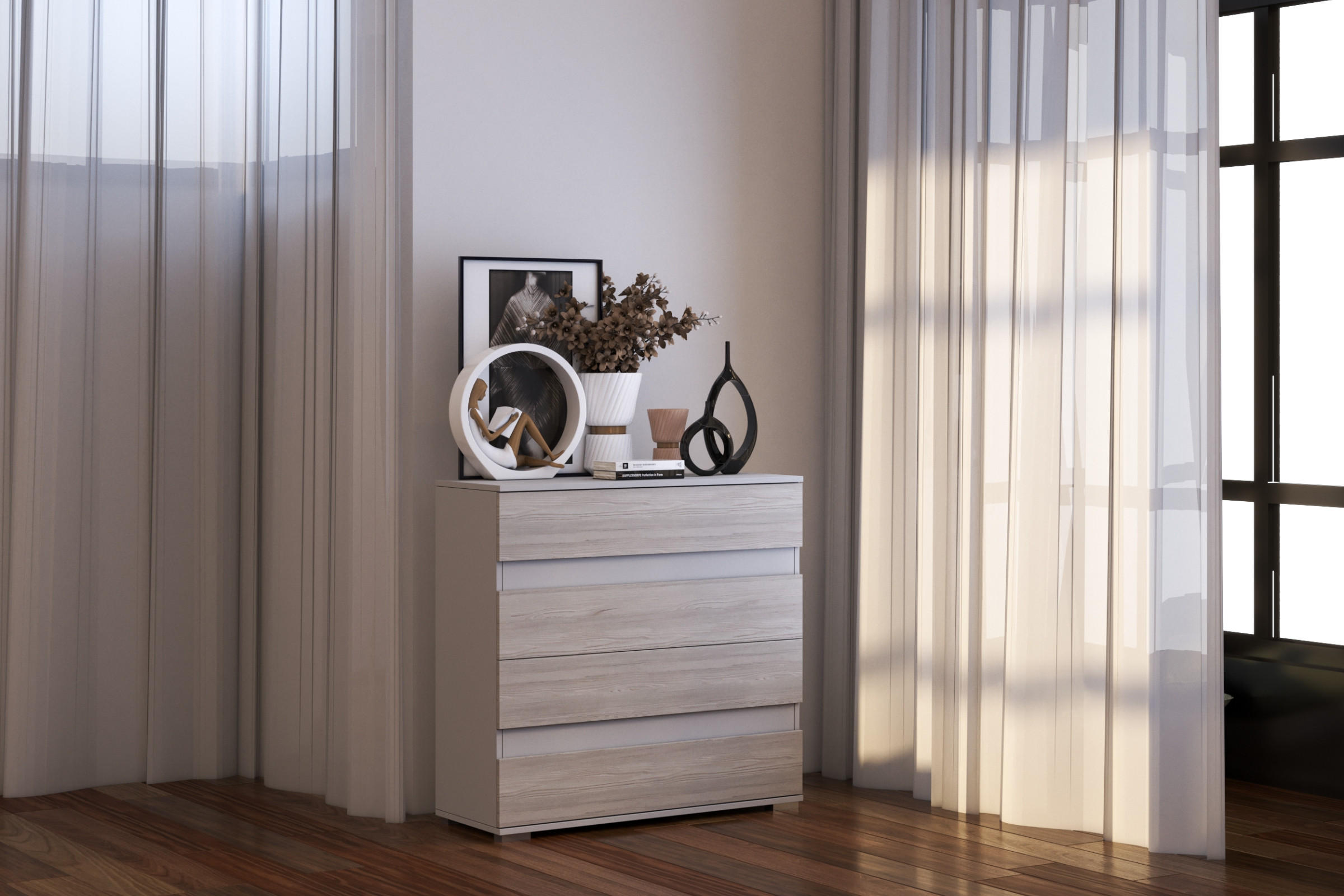 Thumbnail - Deine Möbel 24 Kommode, Weiß, Eiche, Holzwerkstoff, 4 Schubladen, 90x93x43 cm, Wohnzimmer, Kommoden & Sideboards, Kommod...