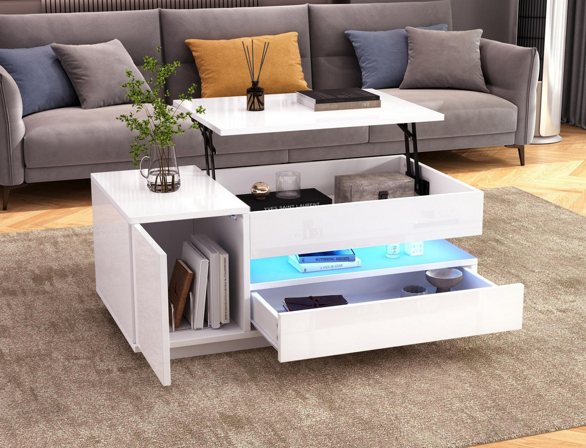 KONFERENČNÍ stolek 95/50/34,5 cm bílý z dřevotřísky s LED a výklopnou deskou - bílá, kompozitní dřevo (90/50/34.5cm) - OKWISH