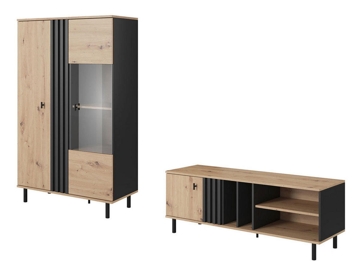 WOHNZIMMER-SET Madis sand grange eiche / anthrazit 2-teilig - Braun, Holz/Holzwerkstoff (228.2/148.8/40cm) - Feldmann-Wohnen