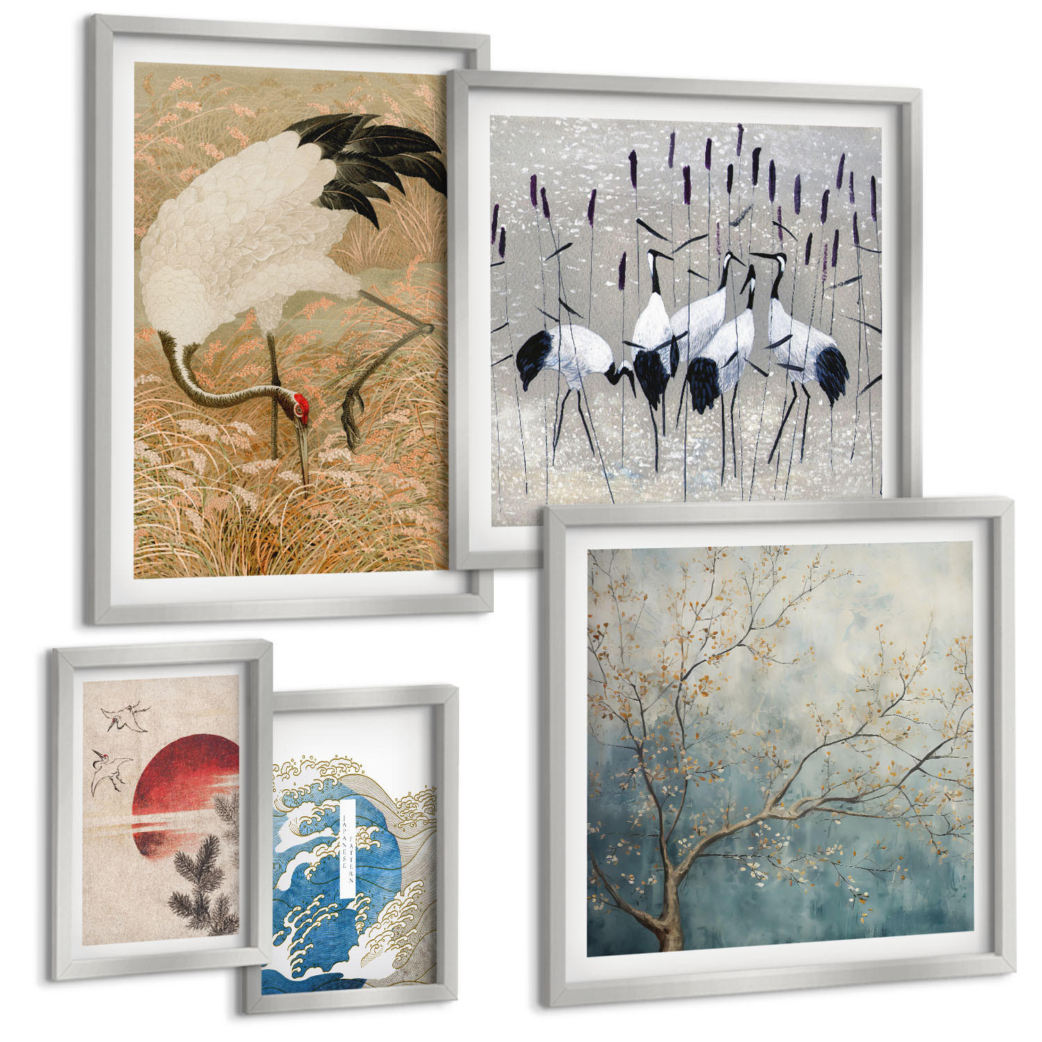 BILDER SET 5er Set - 50x50 cm & 20x30 cm & 40x60 cm Silberner Rahmen - Japanische Kraniche Landschaft - Silberfarben, Kunststoff (40/60cm) - TULUP