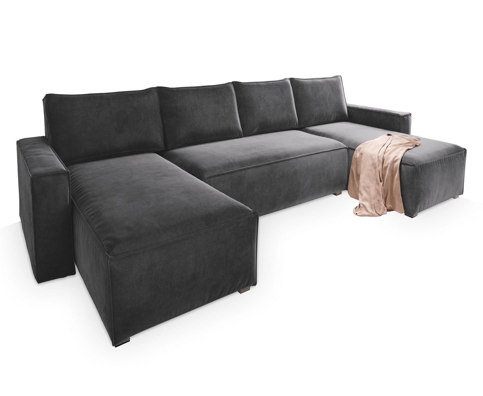 WOHNLANDSCHAFT DENI Grau Velours-Stoff mit Schlaffunktion - Grau, Holz (295/85/140cm) - MASSENO