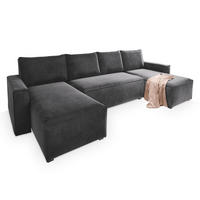 WOHNLANDSCHAFT DENI Grau Velours-Stoff mit Schlaffunktion - Grau, Holz (295/85/140cm) - MASSENO