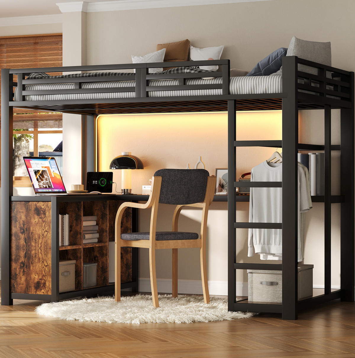 METALL-HOCHBETT 140/200 cm, Schwarz mit Schreibtisch und Stauraum - Schwarz, Metall (140/200cm) - MIVRAY