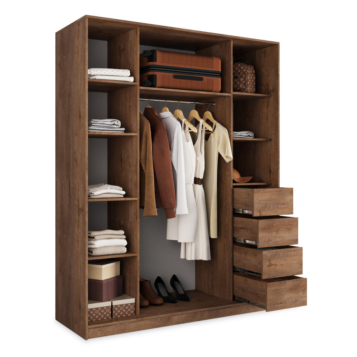 SCHWEBETÜRENSCHRANK PINA 160/205/58 cm 3-türig mit Spiegel und 4 Schubladen Eichefarben - Eichefarben, Holzwerkstoff (160/205/58cm) - MASSENO