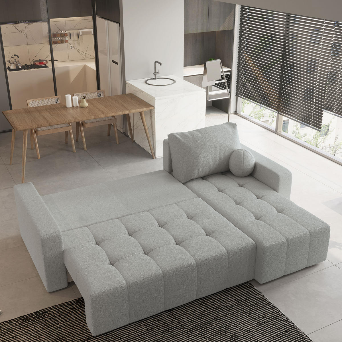 ECKSOFA VOLIRA Hellgrau Boucle-Stoff mit Schlaffunktion - Hellgrau, Holz (230/143cm) - MASSENO