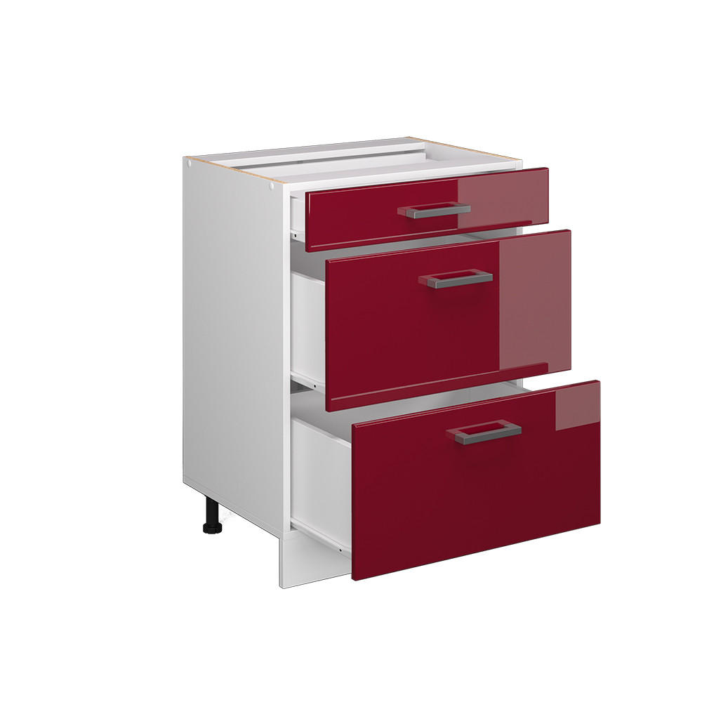 KÜCHENUNTERSCHRANK R-Line Bordeaux Hochglanz 60 cm mit Schubladen ohne AP - Bordeaux/Weiß, Holzwerkstoff (60/81.6/46cm) - Vicco
