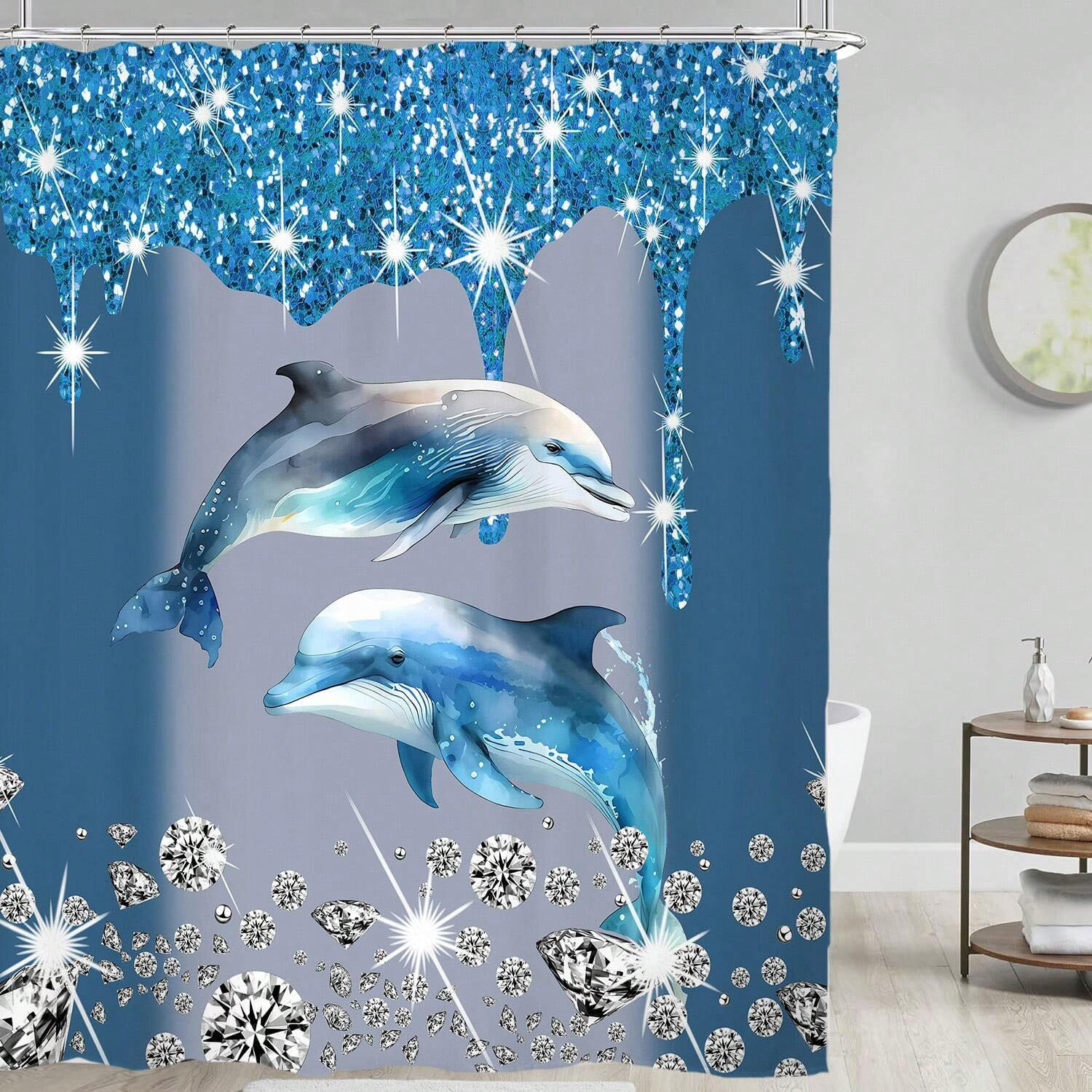 DUSCHVORHANG Blau Delfin Polyester bedruckt wasserdicht maschinenwaschbar mit Haken - Blau, Textil (180/180cm) - MCBOSON
