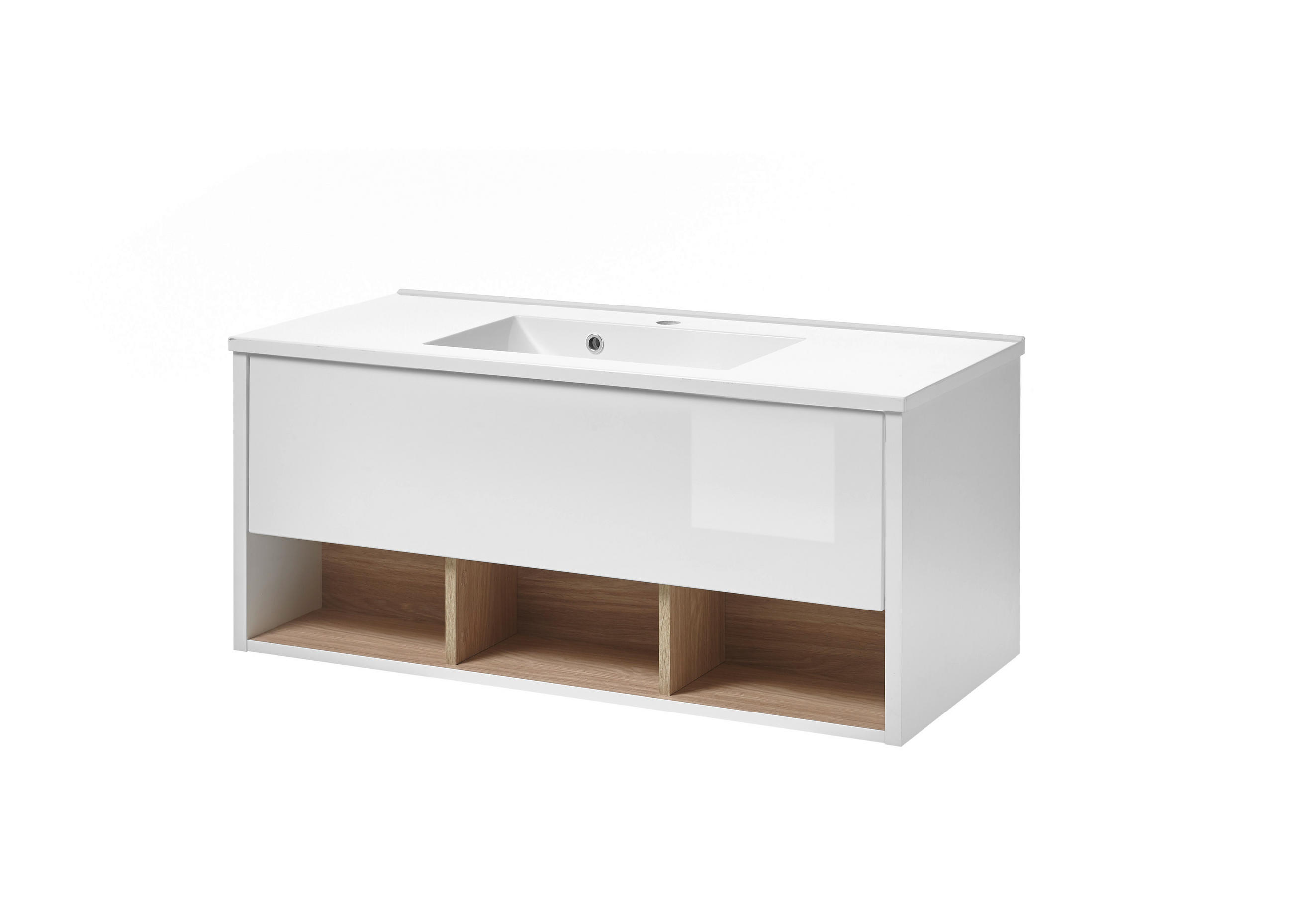 WASCHTISCH M20 Weiß Hochglanz & Eiche Dekor 100/44/47 cm breit mit Waschbecken - Weiß Hochglanz/Eichefarben, Holzwerkstoff (100/44/47cm) - Livojo