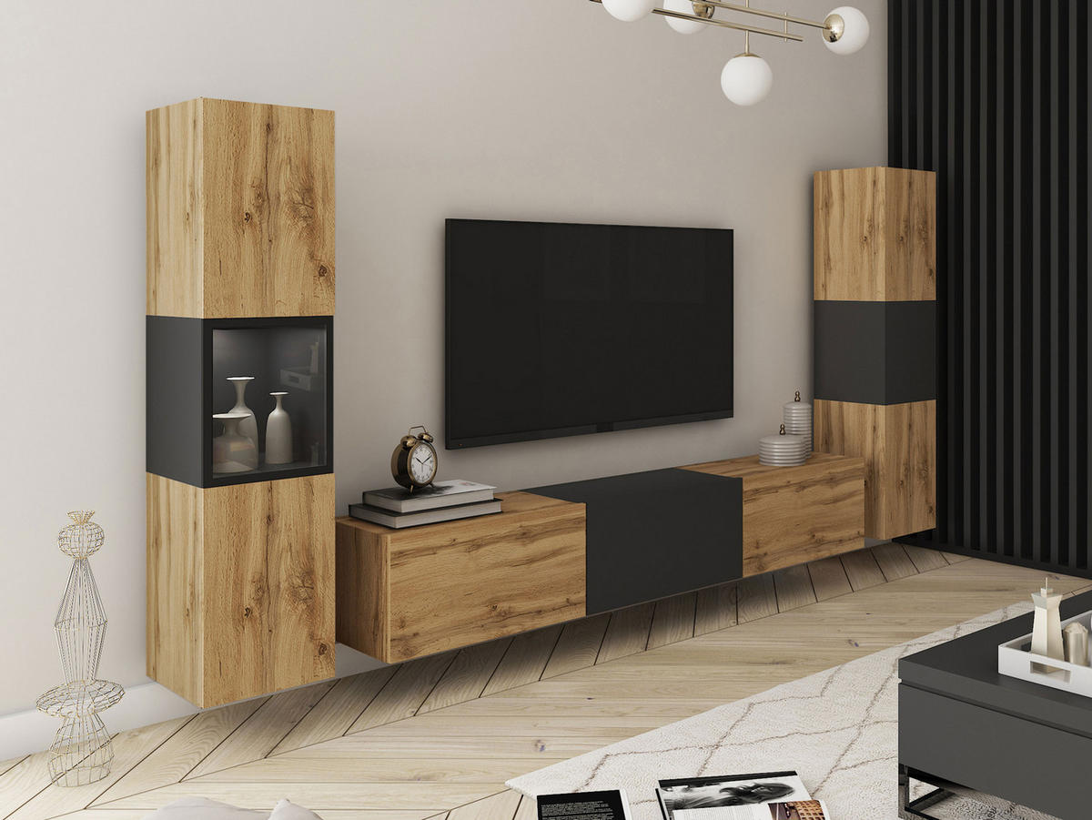 WOHNWAND Berlin III mit weißer LED Beleuchtung - Eiche Wotan/Alufarben, Holzwerkstoff/Kunststoff (180/30/33cm) - MIRJAN24