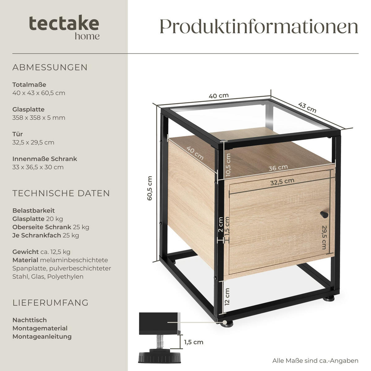 NACHTSCHRANK Dudley, 40 x 43 x 60,5 cm, Industrial Holz hell, Eiche Sonoma - Naturfarben, Holzwerkstoff (40/60.5/43cm) - tectake