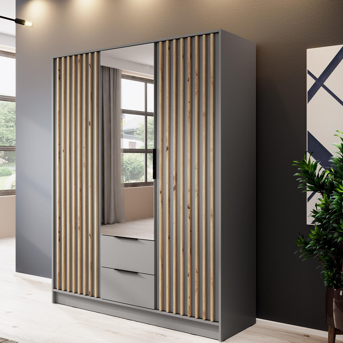 KLEIDERSCHRANK Stilo in Grau, dreitürig, mit Spiegel und Lamellen an der Front - Schwarz/Eiche Artisan, Leder/Holzwerkstoff (155/200/51cm) - Ravio