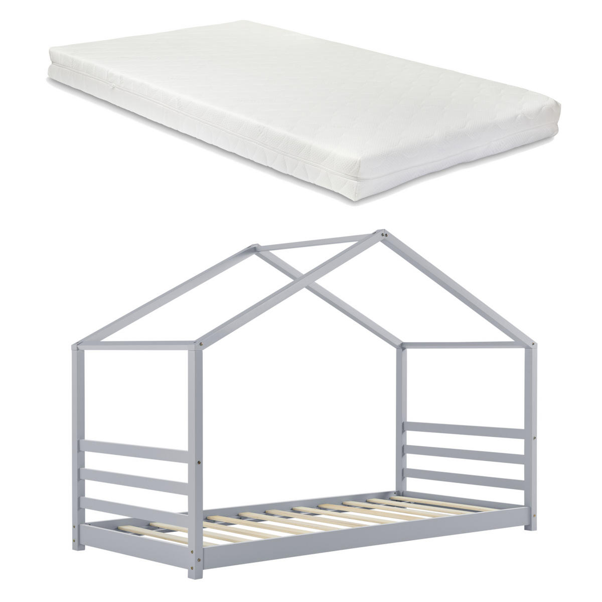 HAUSBETT Vardø mit Matratze - Grau, Holz/Textil (90/200cm) - [en.casa]