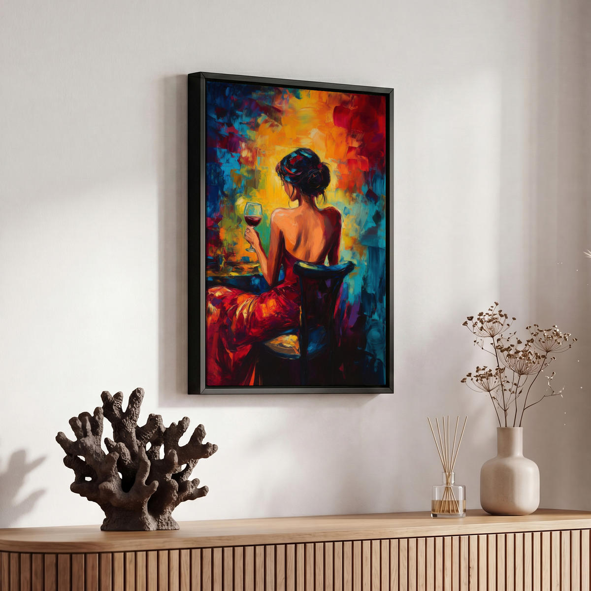 LEINWAND Bilder mit Rahmen - Wein - Frau - Stimmungsvoll - Farbenfroh - 20x30 - Bordeaux, Textil (20/30cm) - MuchoWow