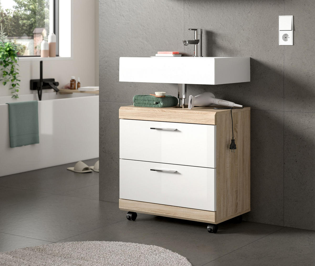 WASCHBECKENUNTERSCHRANK LAMBADA (B/H/T: ca. 60/60/34 cm) in Sonoma Eiche hell Nachbildung/weiß hochglanz - Sonoma Eiche, Holzwerkstoff (60/60/34cm)