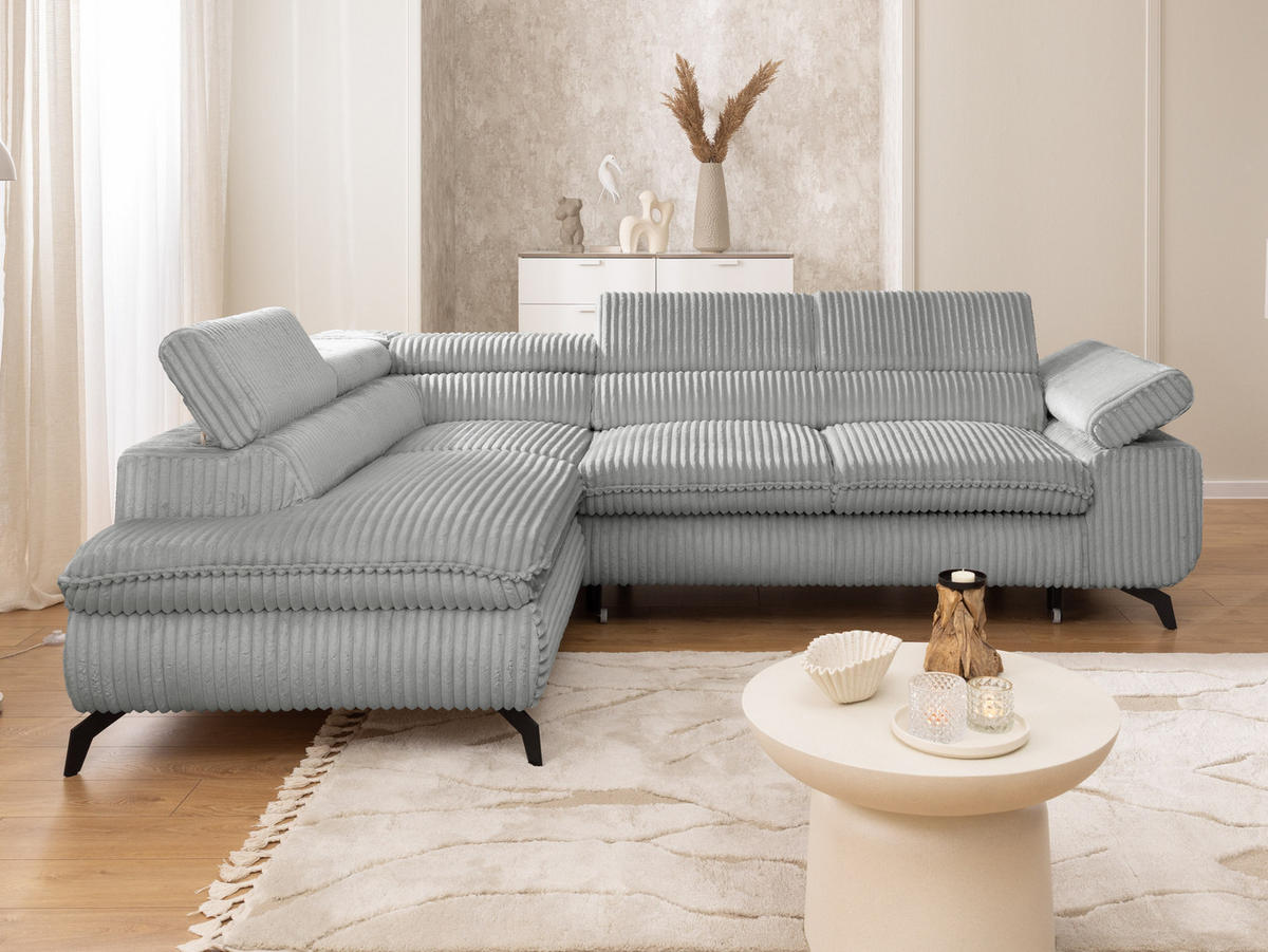 ECKSOFA mit Schlaffunktion und Bettkasten Bonnie aus Hellgrau Cord-Stoff mit verstellbaren Kopfstützen und Armlehne - Ottomane links - Hellgrau/Schwarz, Holz/Textil (275/210cm) - S-Style Möbel