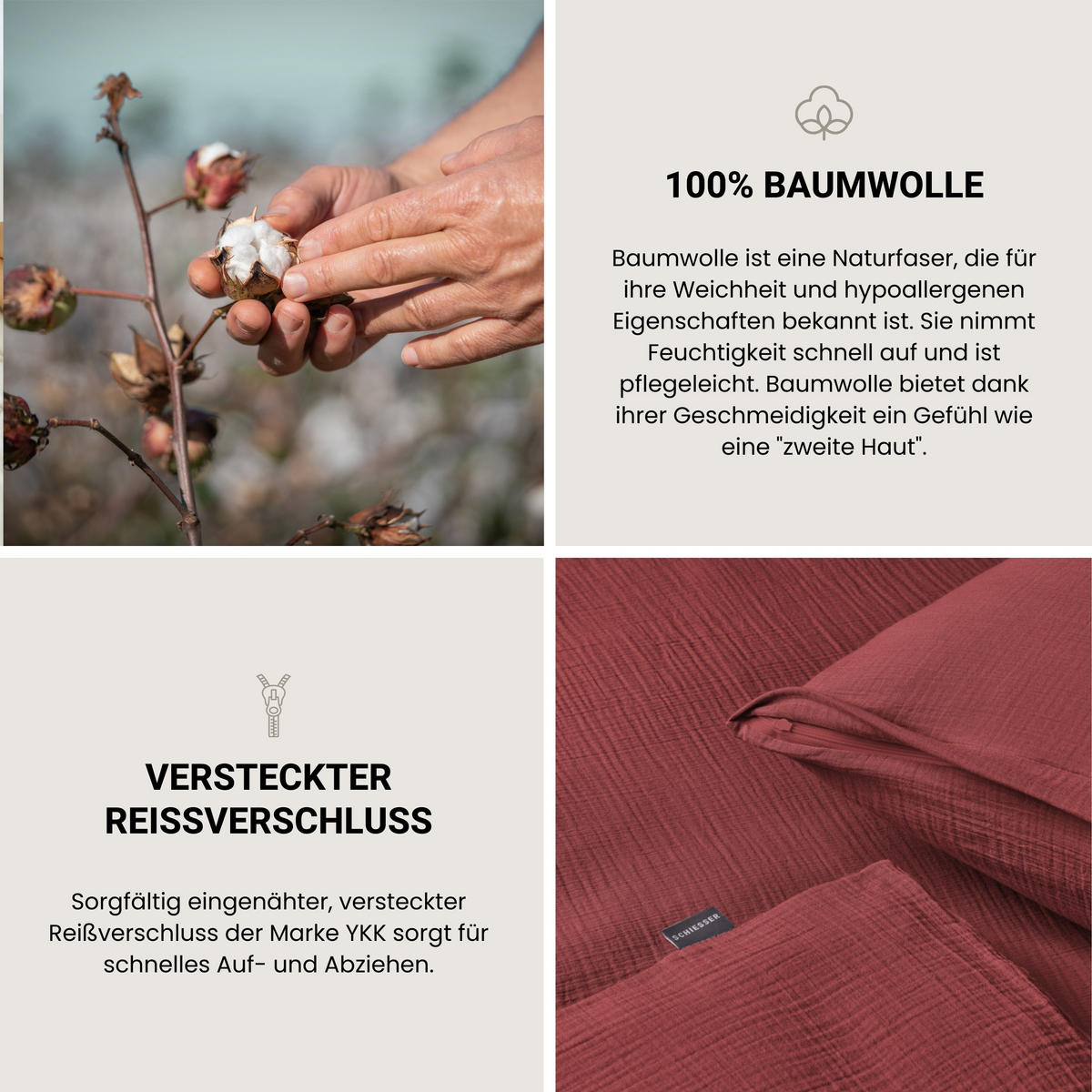 BETTWÄSCHESET Molly - Musselin - 2-teilig - 135 x 200 cm - Rosenholz - Rotbraun, Textil (135/200cm) - SCHIESSER