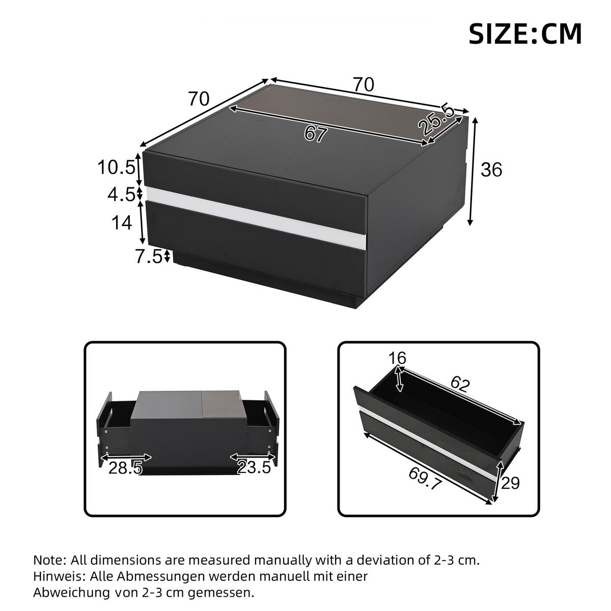 COUCHTISCH 70/70/36 cm schwarz mit 2 Schubladen und LED-Beleuchtung - Schwarz, Holzwerkstoff (70/70/36cm) - OKWISH