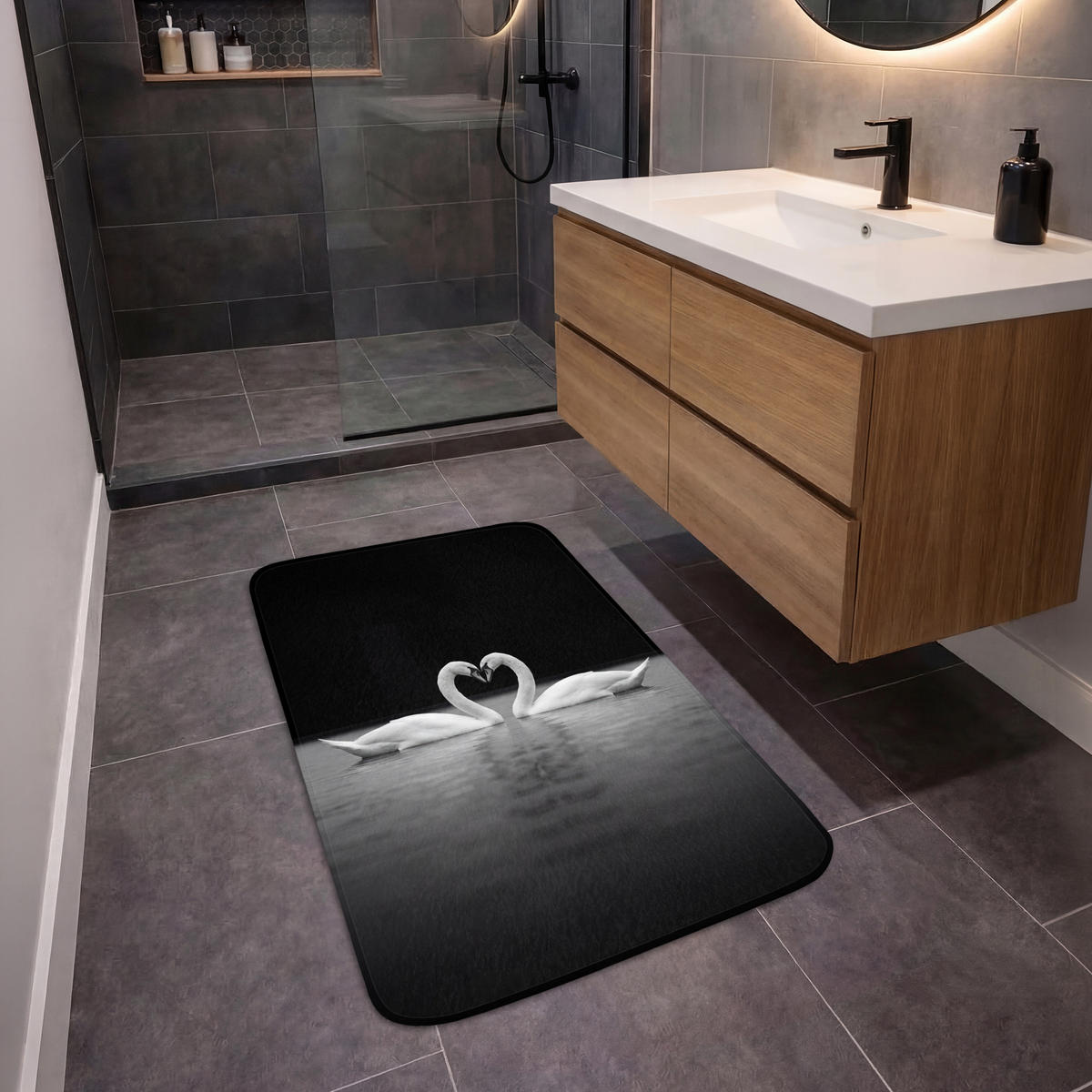 KOUPELNOVÁ PŘEDLOŽKA Labutě - srdce - černá - bílá 60x90 cm - černá, textil/plast (60/90cm)