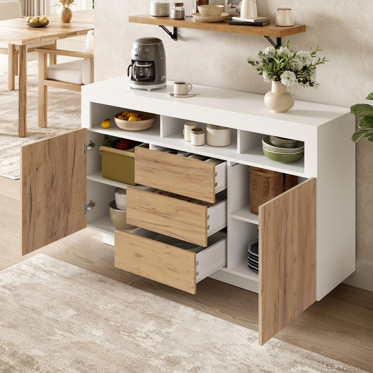 SIDEBOARD Natur Weiß 3 Schubladen 2 Türen 140x40x85cm - Multicolor, Holzwerkstoff (40/85/140cm) - FLIEKS