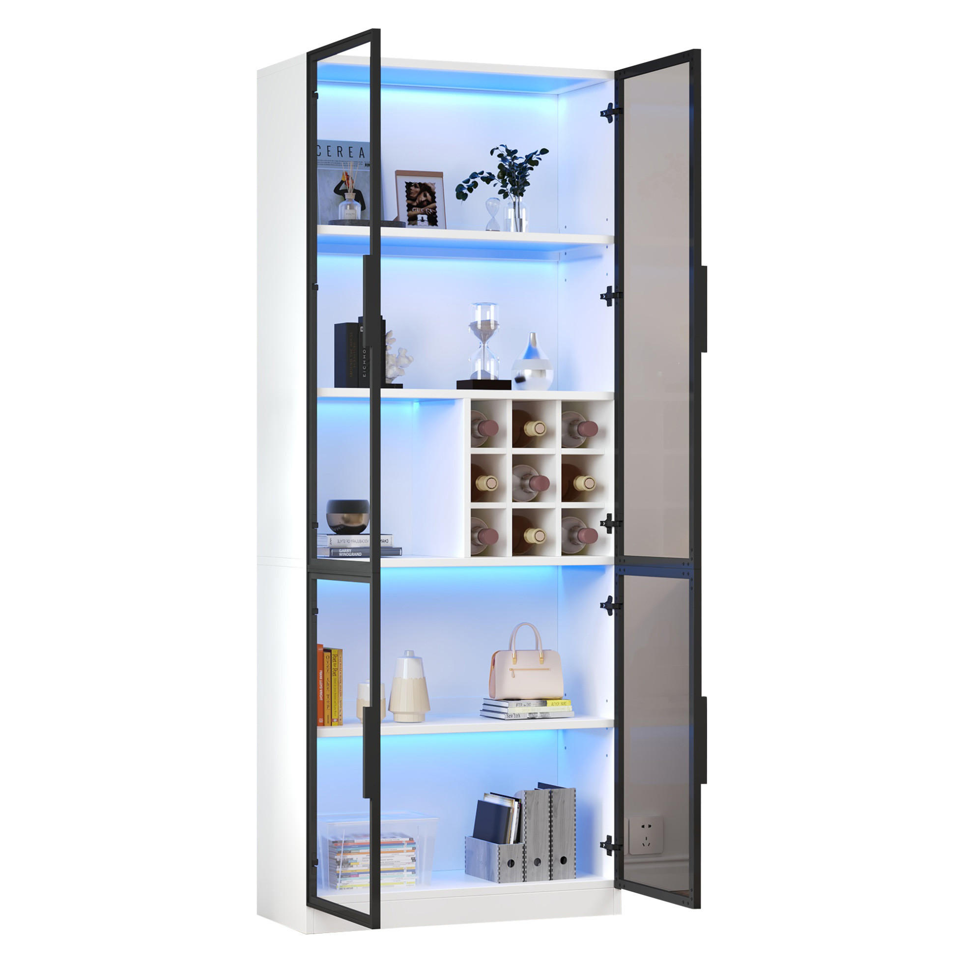 VITRINE 80/35/200 cm in Weiß mit LED-Beleuchtung und Weinfach - Weiß, Holzwerkstoff (80/200/35cm) - Flora Grace