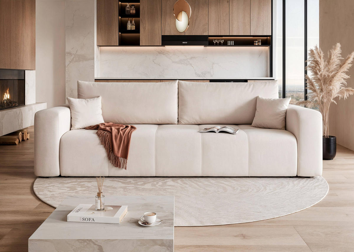 SCHLAFSOFA Velours mit Bettkasten und Schlaffunktion - Creme, Holzwerkstoff/Textil (246/79/93cm) - Idohome