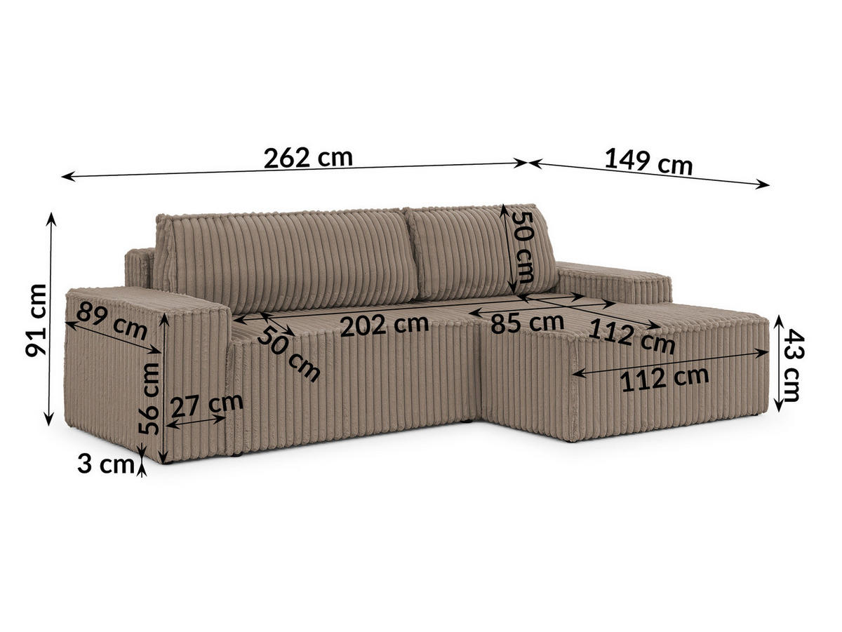 ECKSOFA Rivio mit Schlaffunktion und Bettkasten, Plüschcord Taupe - Taupe/Schwarz, Holz/Kunststoff (262/149cm) - S-Style