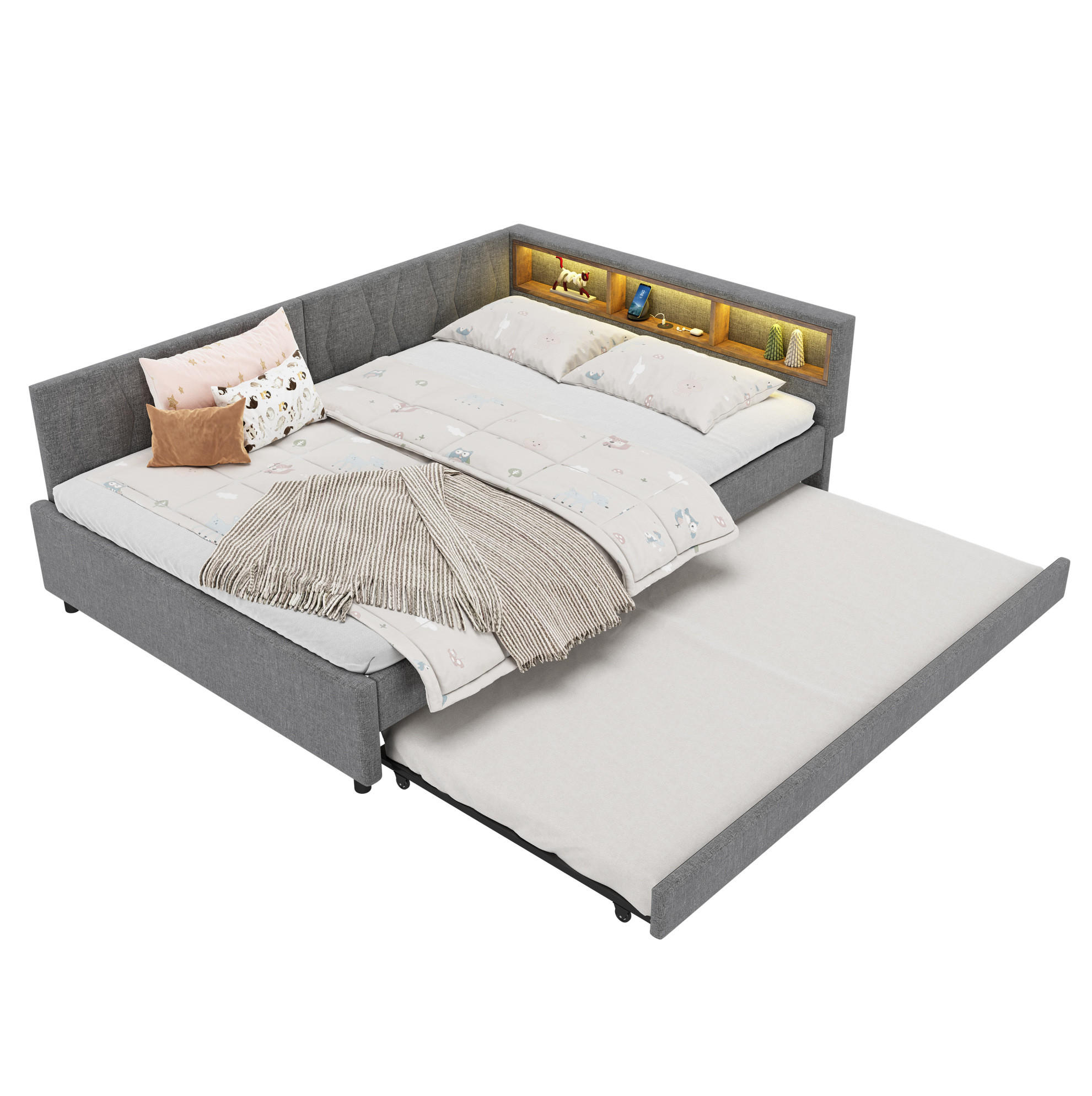 OKWISH DENNÍ postel 140/200 cm šedá z lnu a MDF s výsuvným lůžkem LED osvětlením a USB-C
