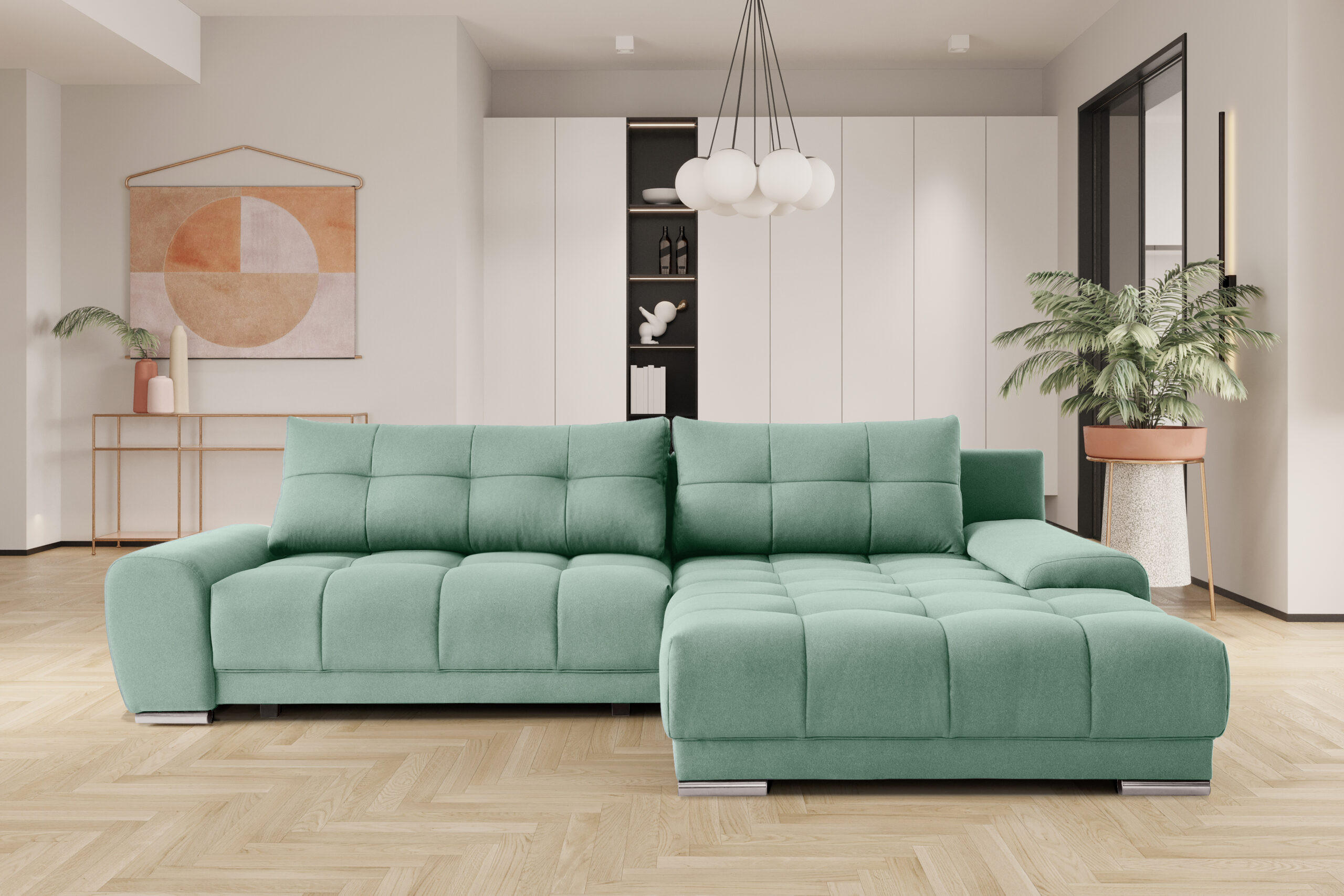 ECKSOFA WAVE Mit Schlaffunktion, Stoff SORO, Mintz Rechts - Mintgrün, Holz (281/105cm) - Kaiser Möbel