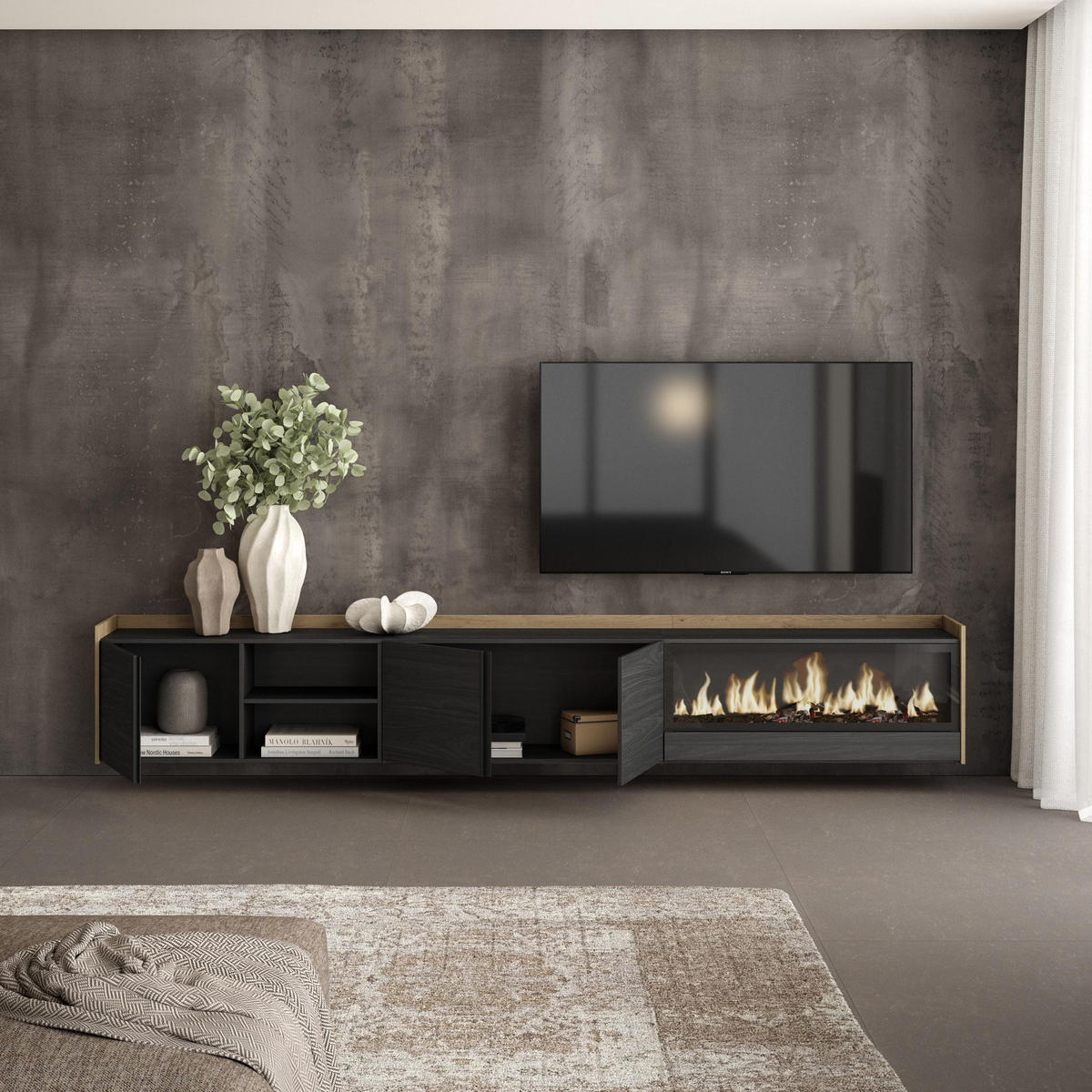 LOWBOARD, Schwarz und Eiche, 315/35/50cm, Kamin mit Feuereffekt XXL - Schwarz, Holzwerkstoff (315/50/35cm) - Skraut Home
