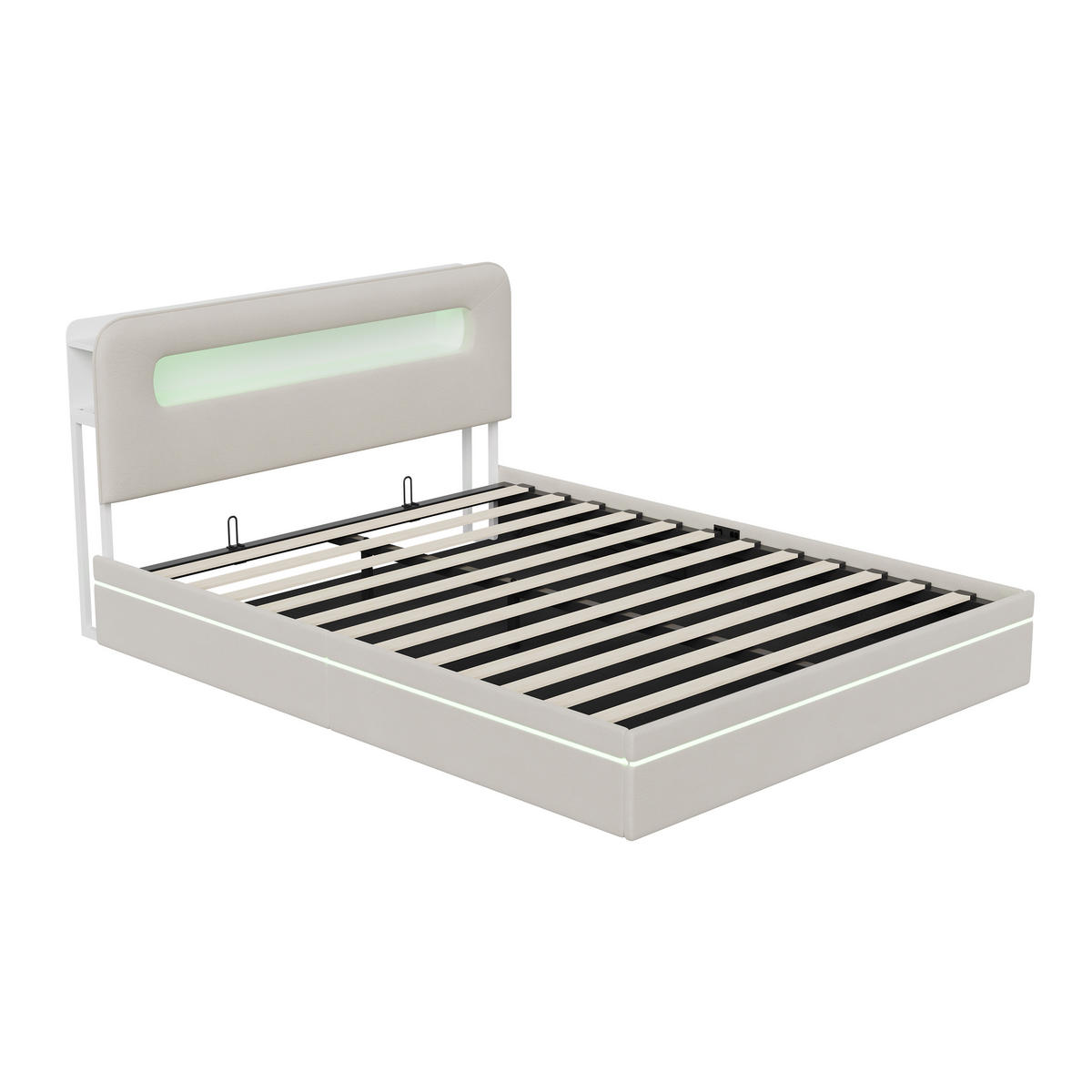 POLSTERBETT 140x200 cm LED Stauraum Lattenrost Ablagefach Samt beige - Weiß, Holz (140/200cm) - LEBENLANG