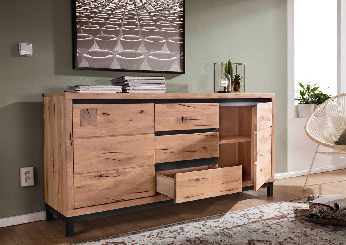 SIDEBOARD Wildeiche 175x45x85 bianco geölt VILLANDERS #209 - Beige, Holz (175/85/45cm) - Massivmoebel24