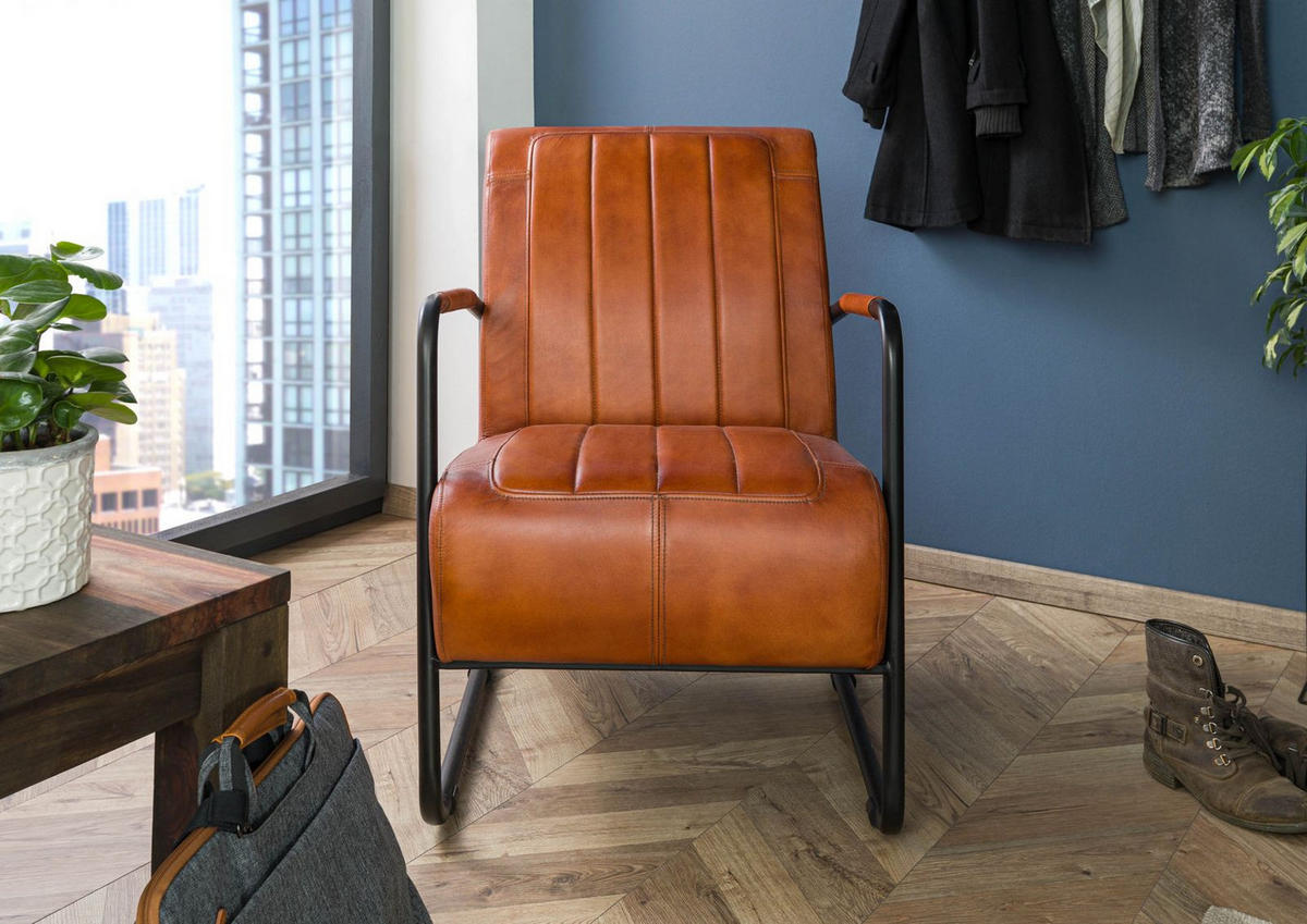 SESSEL Echtleder 59x84x85 cognac IRON LABEL #21 - Braun, Leder (59/85/84cm) - Massivmoebel24