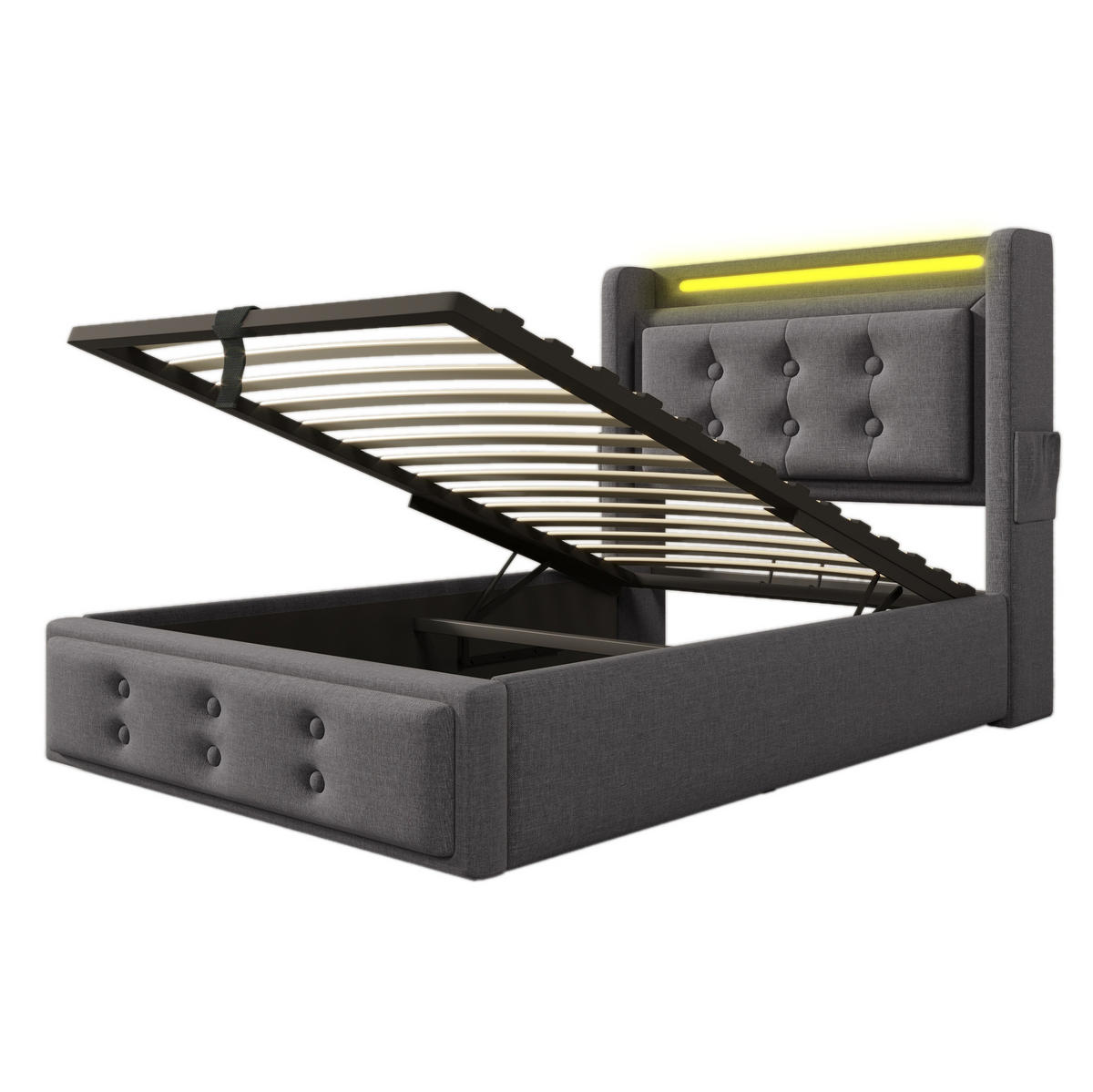 POLSTERBETT mit LED, USB und Stauraum 90x200 cm Baumwoll-Leinen Grau inkl. Matratze - Grau, Metall (90/200cm) - Meubliv