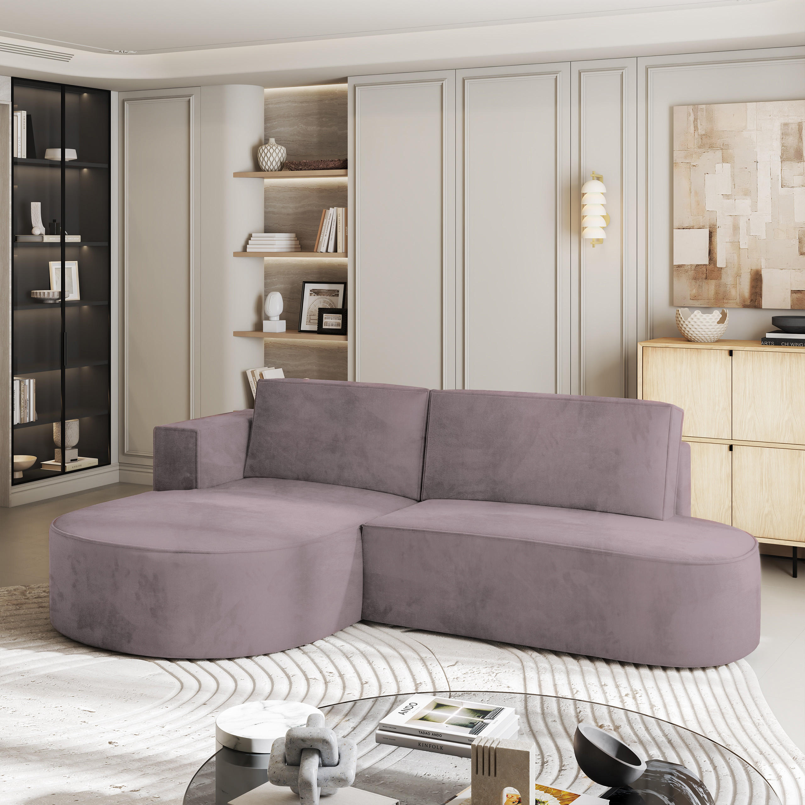 ECKSOFA CORTIO M L-S Lila Velours-Stoff mit Schlaffunktion - Lila, Holz (265/174cm) - MASSENO