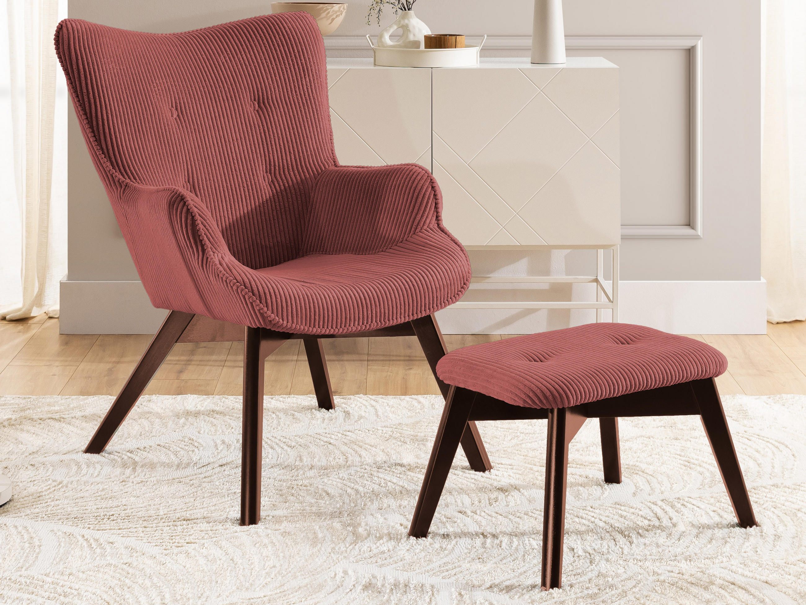 LOUNGESESSEL mit Fußhocker Lenari Terrakotta Cordstoff mit Füßen in Braun - Terra cotta/Braun, Holz/Textil (71/96/86cm) - S-Style Möbel