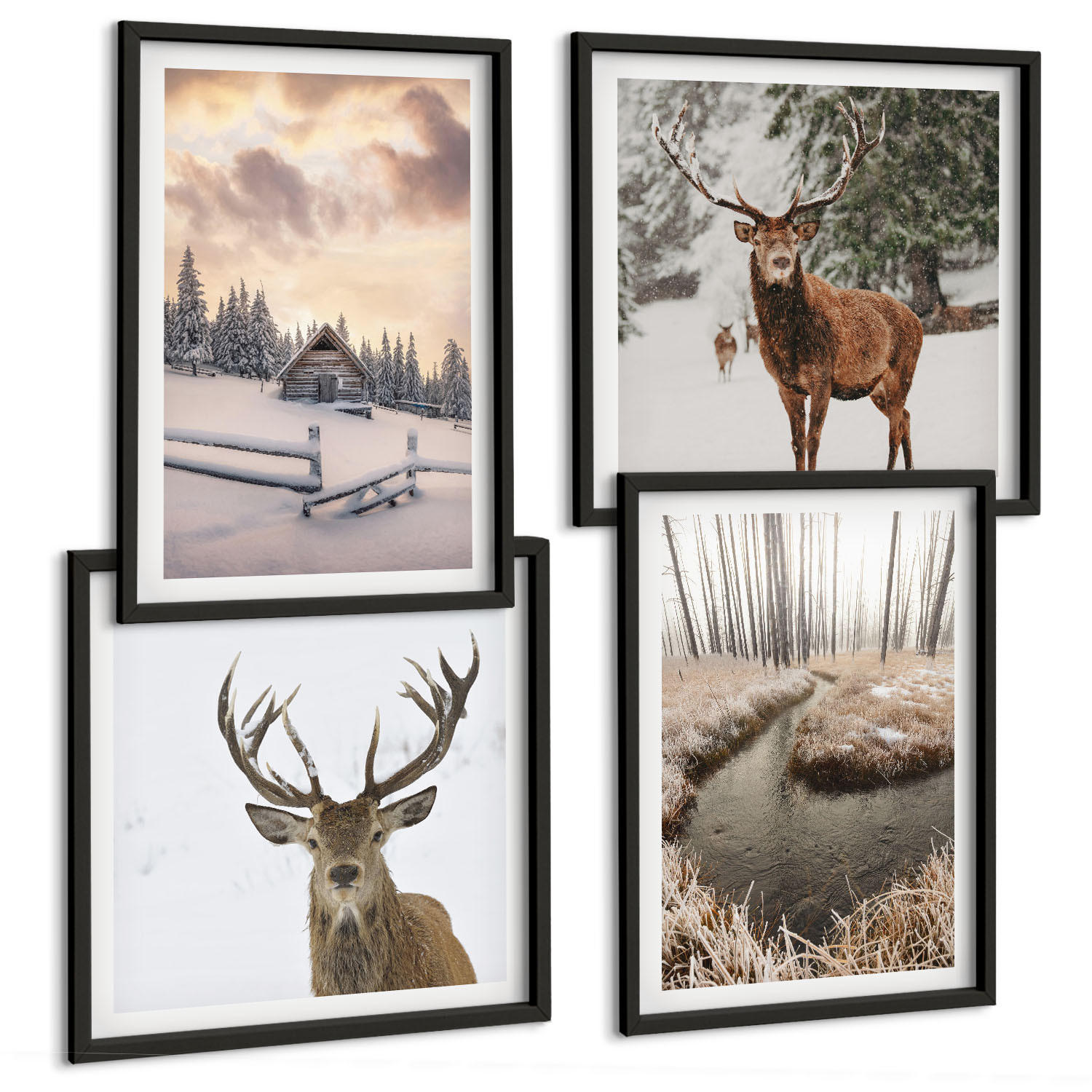BILDER SET 4er Set - 50x50 cm & 40x60 cm Schwarzer Rahmen - Winterlandschaft mit Hirschen - Schwarz, Kunststoff (50/50cm) - TULUP