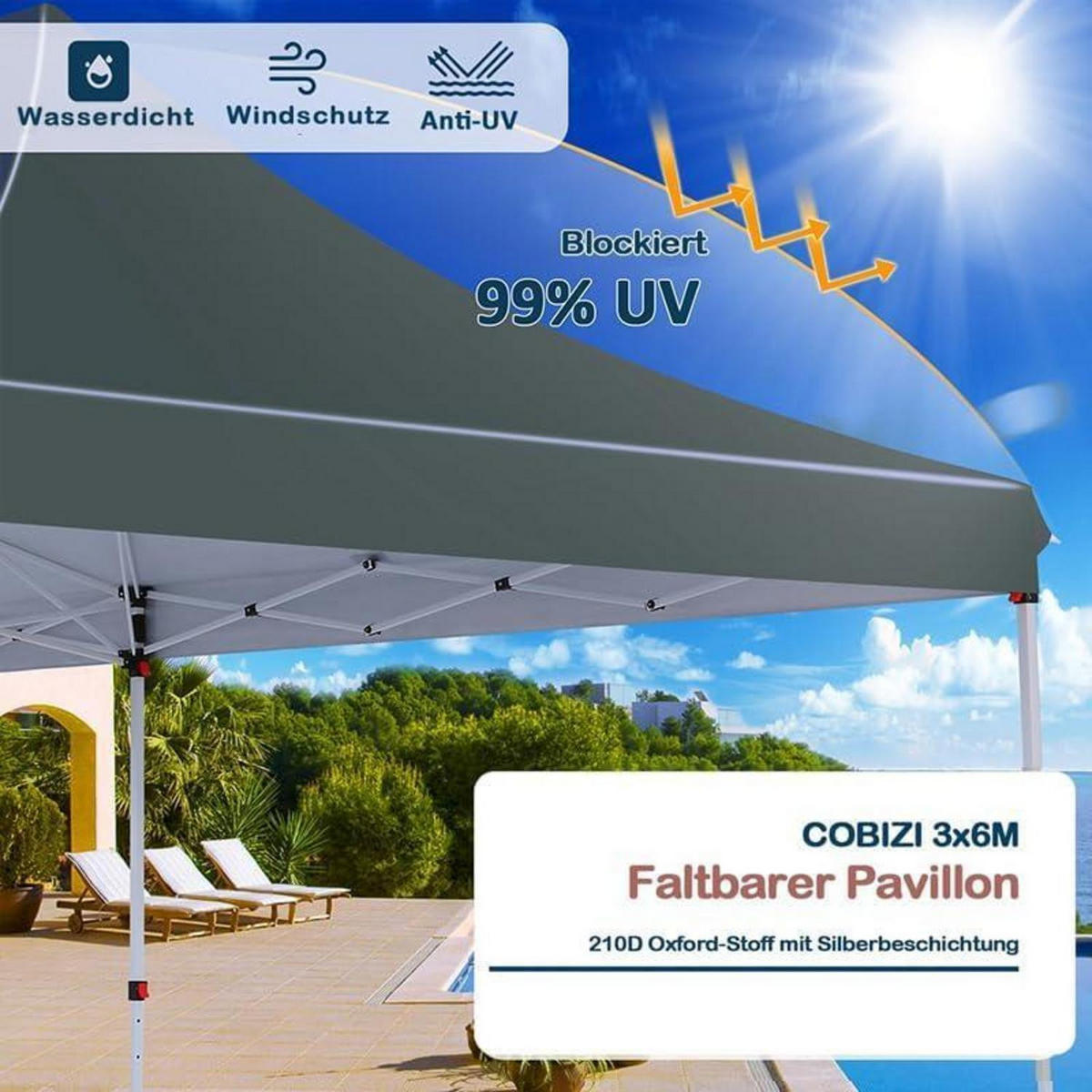 FALTPAVILLON 3 x 6 m Dunkelgrau Wasserdicht mit 6 Seitenteilen - Grau, Textil (300/300/600cm)