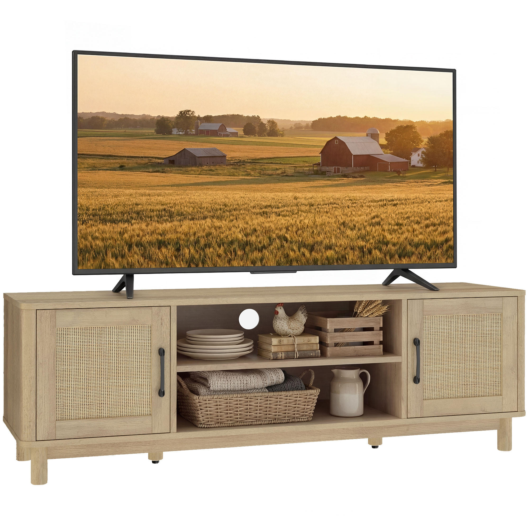 TV-LOWBOARD Eichefarben/Natur 135/39/45 cm, 2 Türen mit Rattangeflecht - Eichefarben, Naturmaterialien (135/45/39cm) - PANGIVO