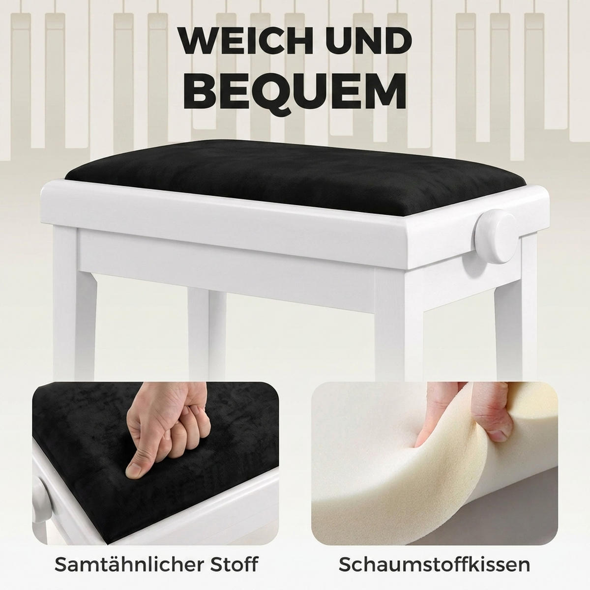 KLAVIERBANK Polyester Weiß - Schwarz/Weiß, Holz/Textil (33/56/61.5cm) - HOMCOM