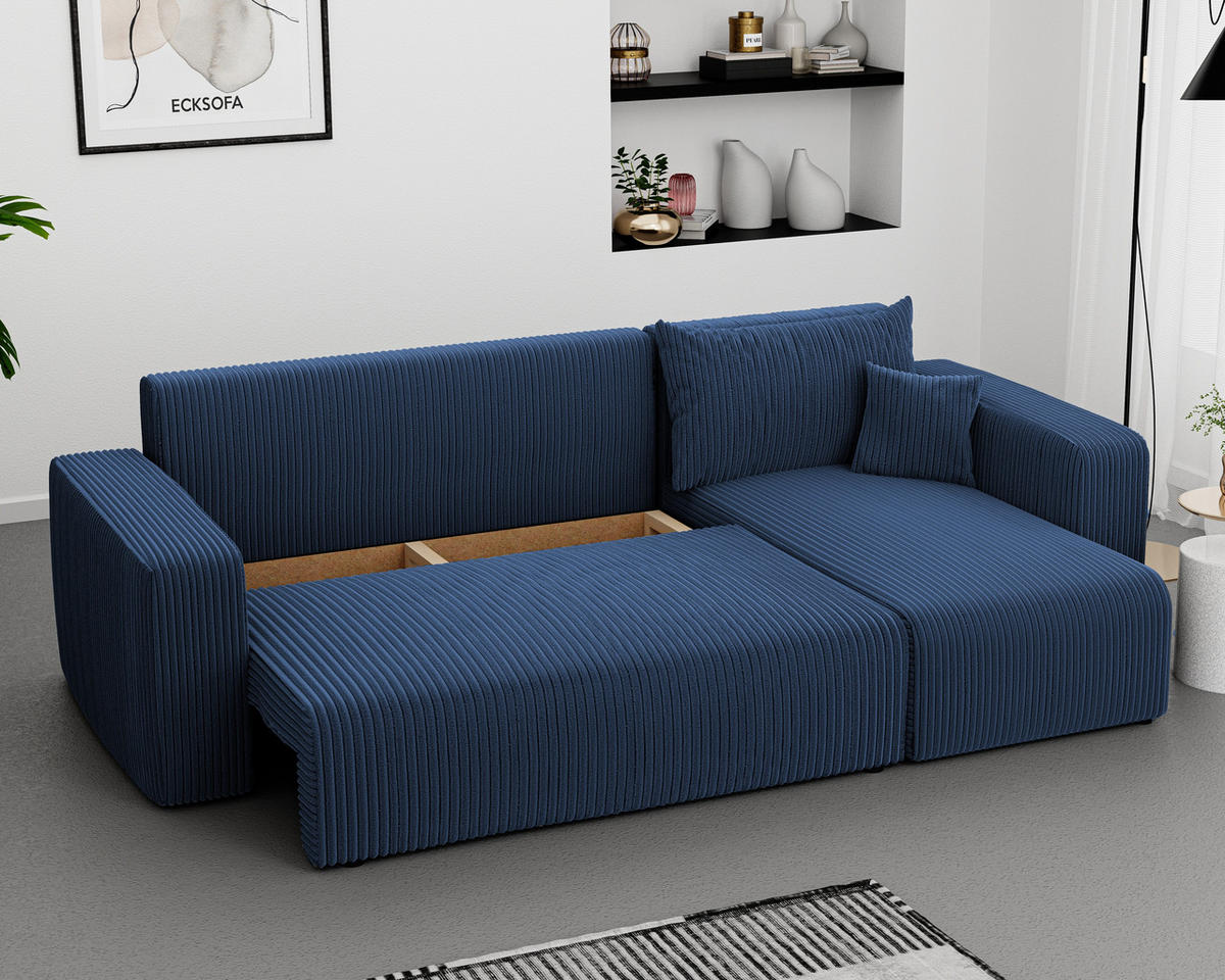 ECKSOFA Blau Cord-Stoff mit Bettkasten - Blau, Textil (248/145cm) - Idohome