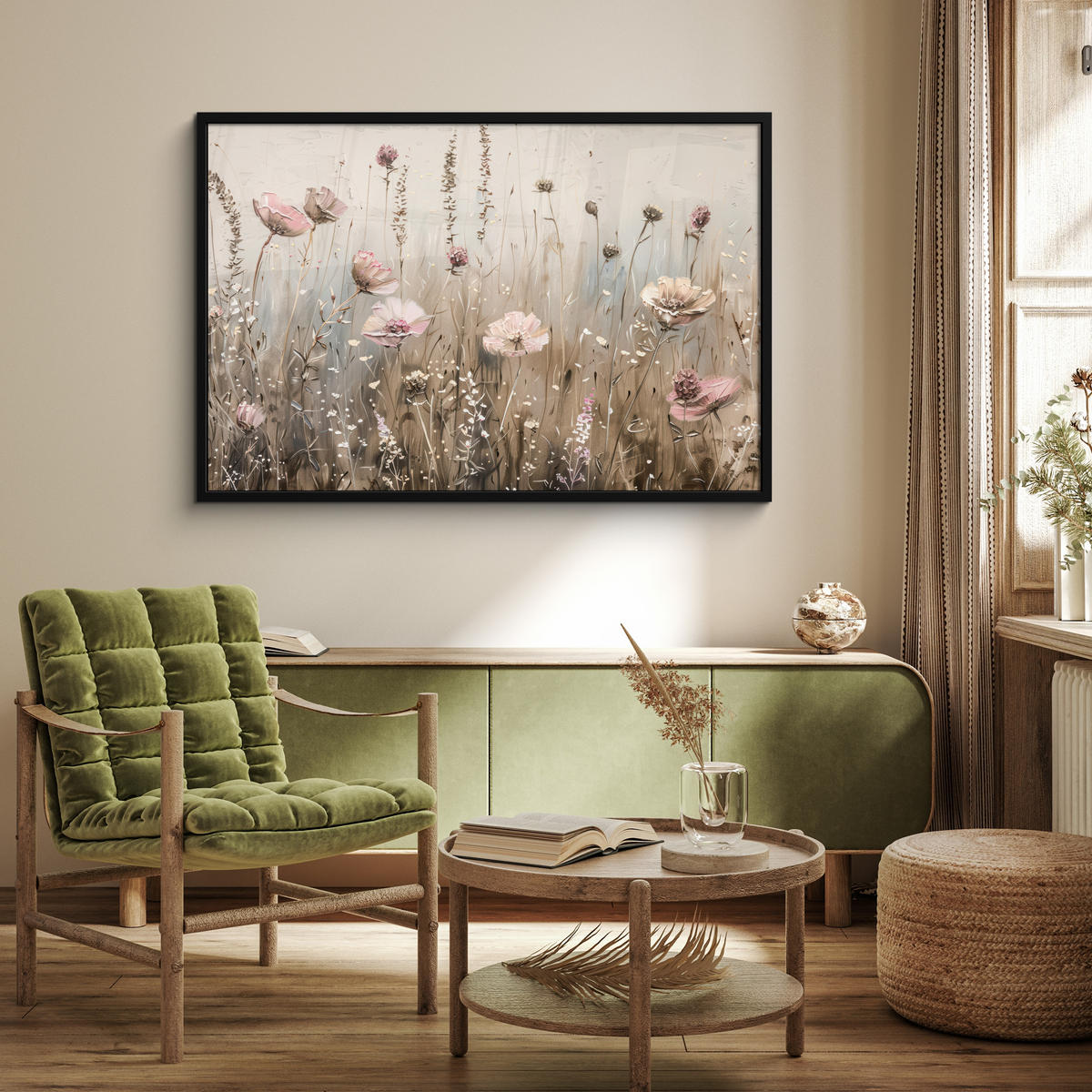 POSTER MIT RAHMEN Blumen - Rosa - Modern - Beige 120x80 cm - Beige, Papier (120/80cm) - MuchoWow